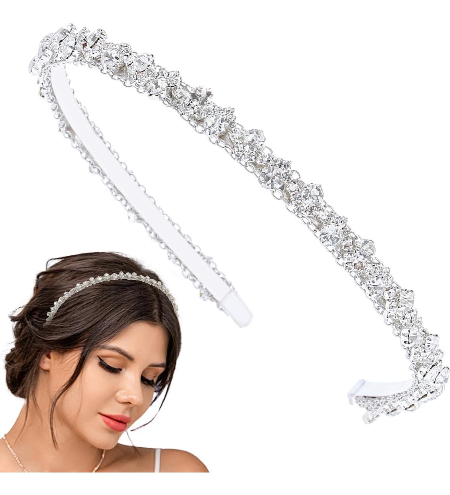 Flayem Wedding Rhinestone Headband Bridal Crystal Headband Glitter Narrow Hair Band Hoop Wedding Hair Accessories for Women and Girls (White) - Buy Online on GoSupps.com