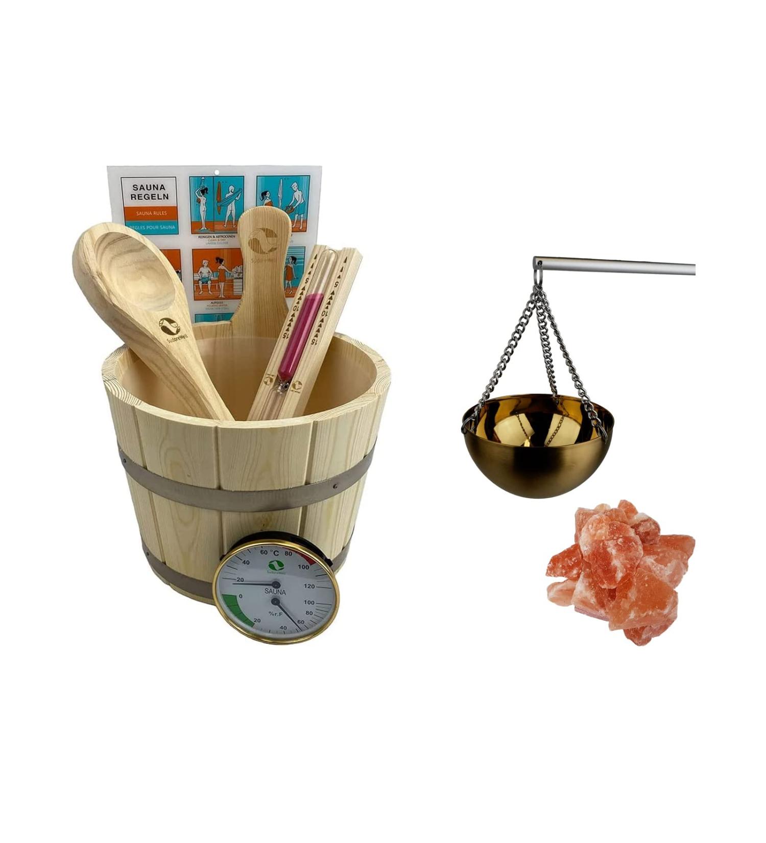 Premium Classic Sauna Accessories Set - 5/6 Part Natural Pine Wood & Copper Aroma Multi-Cup with 1kg Pink Salt Stones | International Shipping Available - Buy Online on GoSupps.com