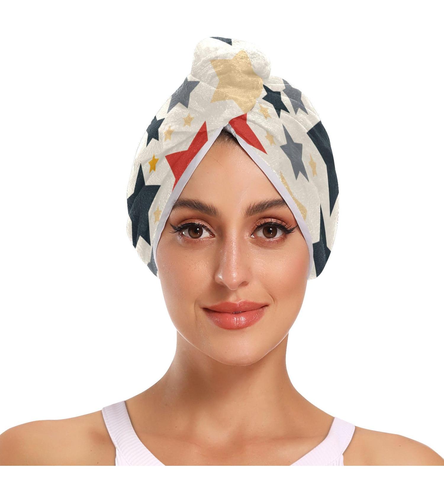Colorful Stars Beige Hair Towel 2 Pack - Super Absorbent Quick Dry Hair Turbans for Women & Girls - Buy Online on GoSupps.com