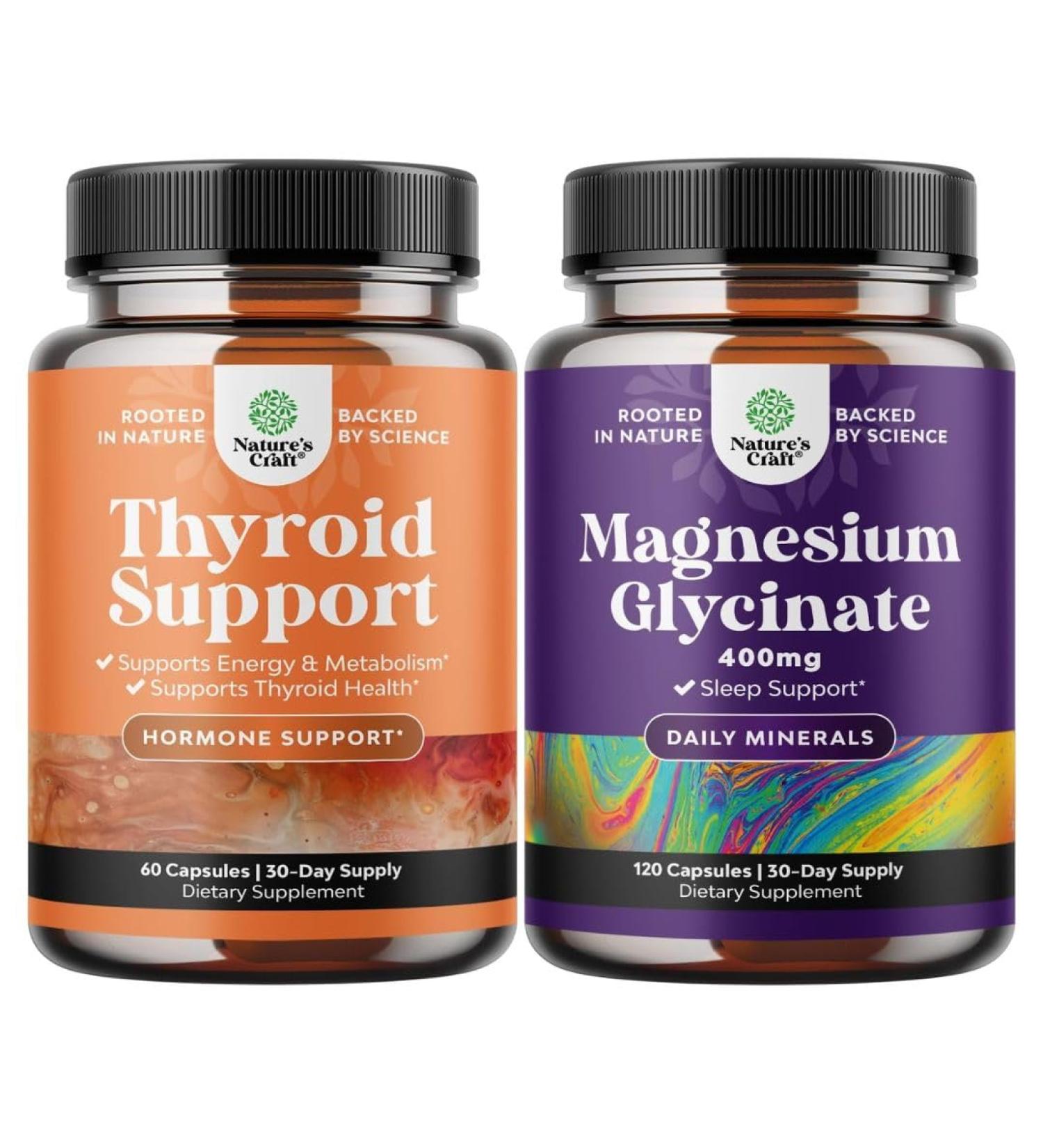 Bundle of Herbal Thyroid Support Complex - Potent Kelp Iodine with L Tyrosine Bladderwrack Selenium Ashwagandha and Pure Magnesium Glycinate Supplement 400mg Per Serving for Mood Sleep and Relaxation - Buy Online on GoSupps.com