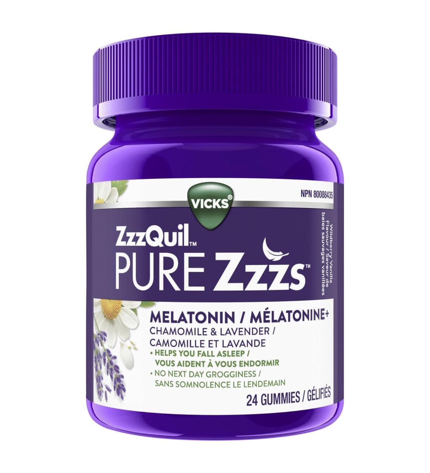 Vicks ZzzQuil PURE Zzzs Melatonin Sleep Aid with Chamomile Lavender & Valerian Root Non-Habit Forming 1mg per gummy Wildberry Vanilla Flavour 24 count 24ct Gummies - Buy Online on GoSupps.com