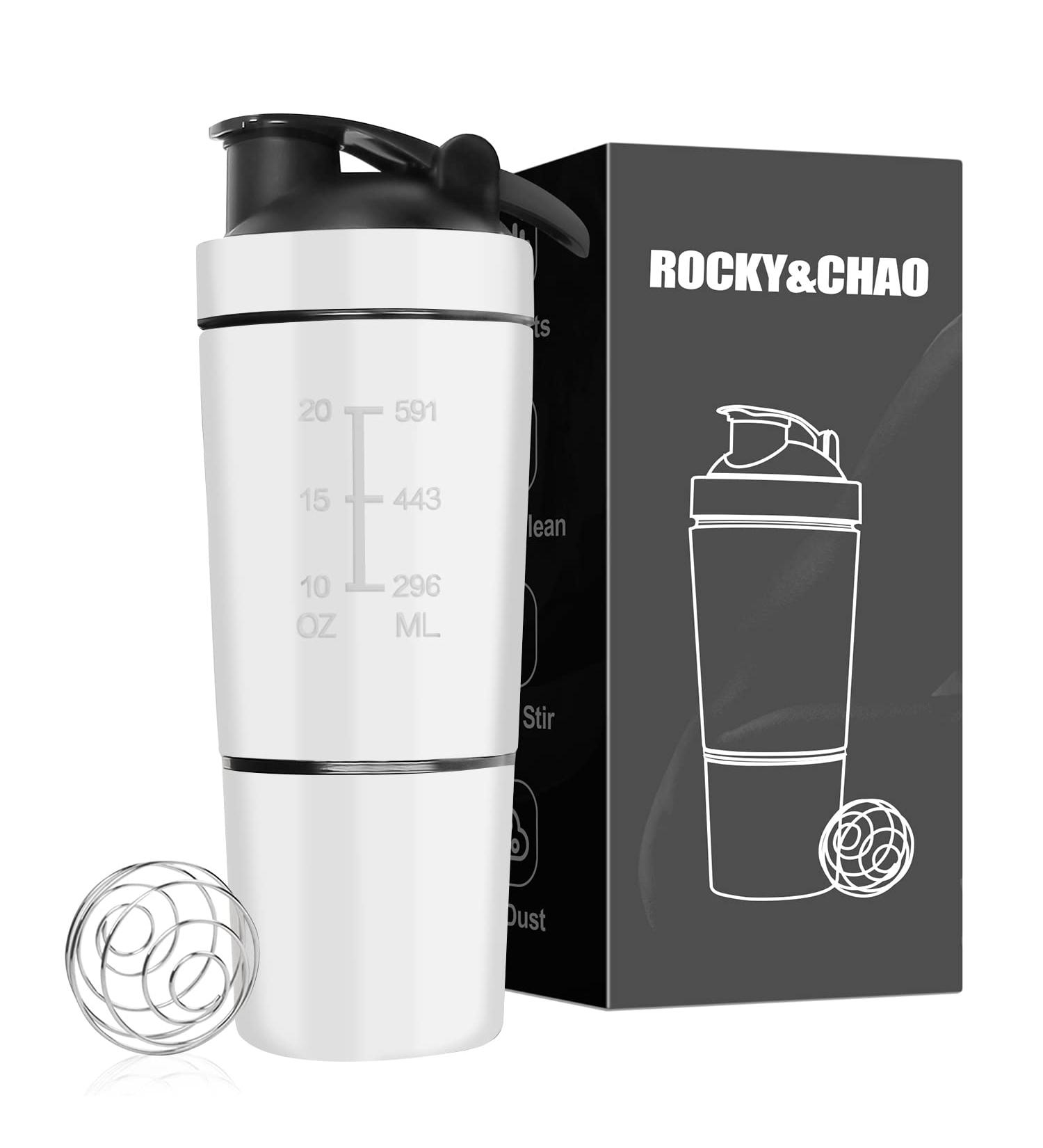 ROCKY&CHAO Stainless Steel Protein Shaker 700ml + 200ml - Double Wall Mixer with Powder Compartment & Ball - Ideal for Fitness & Sports (White) - Buy Online on GoSupps.com
