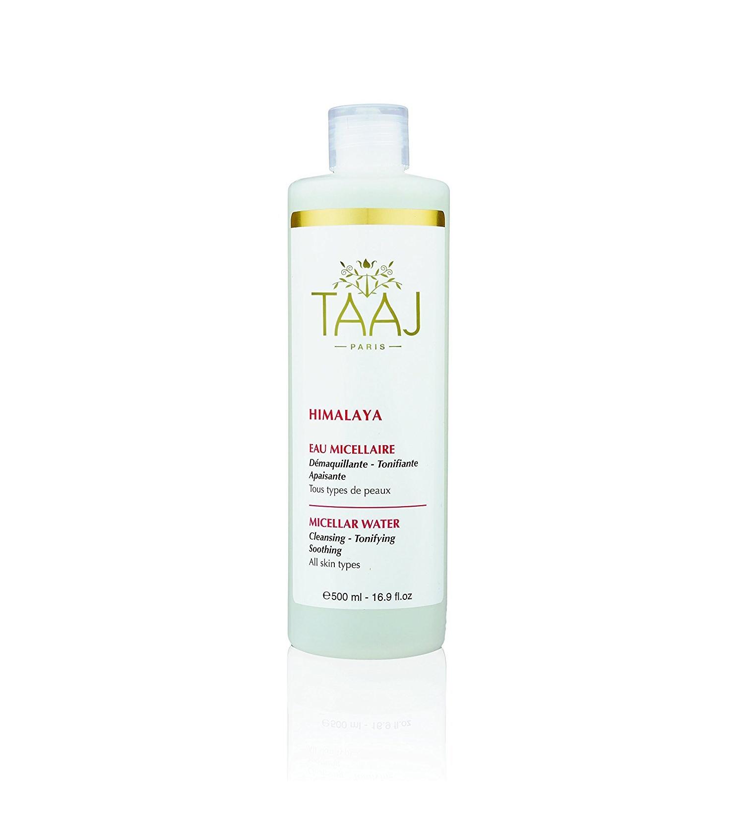 Taaj |Micelle water - Himalaya |Cleans and soothes the skin |Removes make-up and eliminates impurities |Soft and smooth skinFresh and radiant complexion |Vegan |500 ml