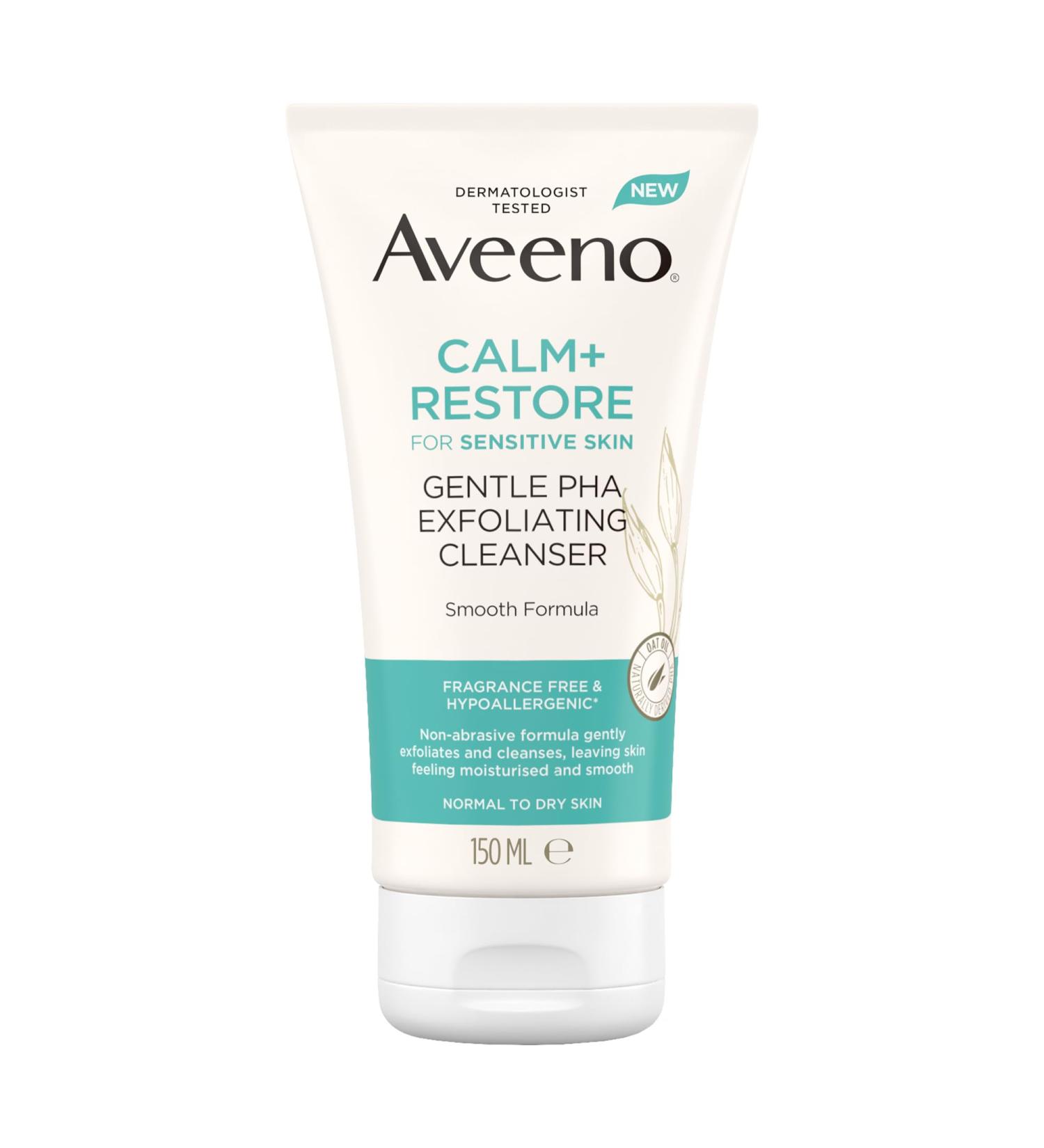 Aveeno Face CALM+RESTORE Gentle PHA Exfoliating Cleanser - 150ml | Sensitive Skin Care | Nourishing Oat Oil | Hydrating PHA Formula - Buy Online on GoSupps.com