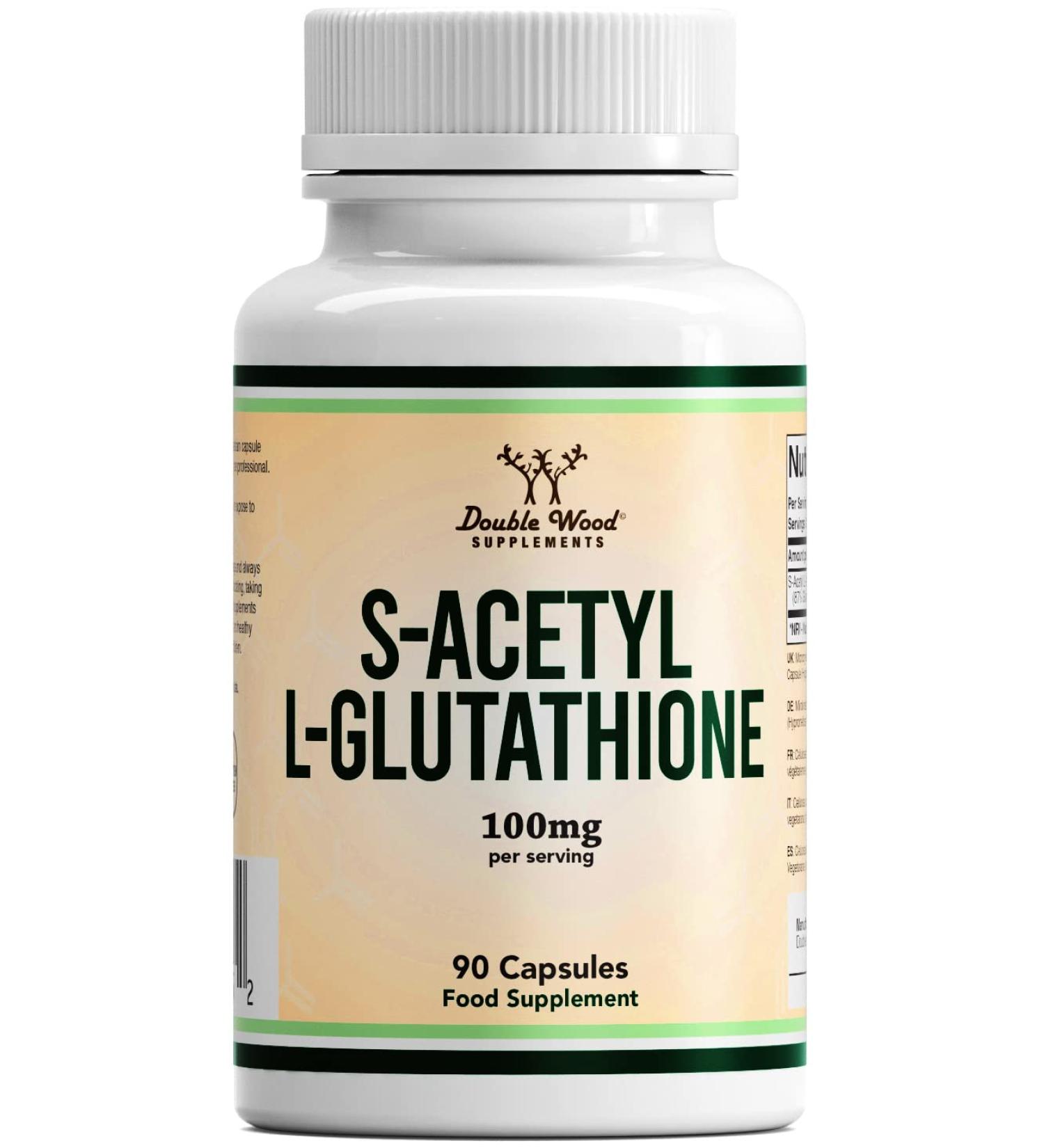 Double Wood Glutathione Dietary Supplements - 90 Gluten-Free S-Acetyl L-Glutathione Capsules (100mg) | Antioxidant Support | Genetic Engineering Free - Buy Online on GoSupps.com