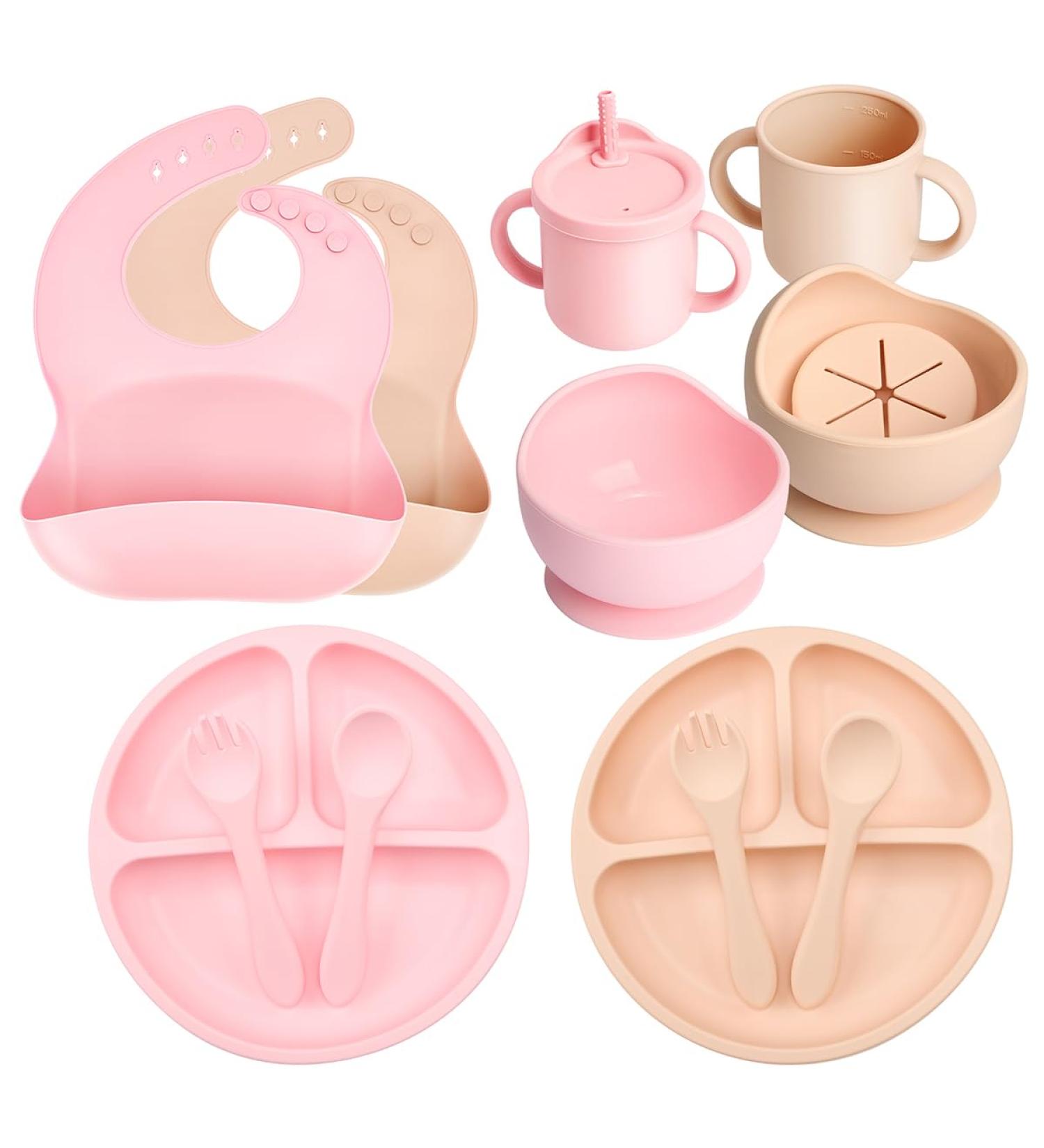 Shop Mumez 14-Part Children's Suction Plate Set - BPA-Free Silicone Baby Plates Bowls Cups & Bibs - Pink & Peach - International Shipping Available - Buy Online on GoSupps.com