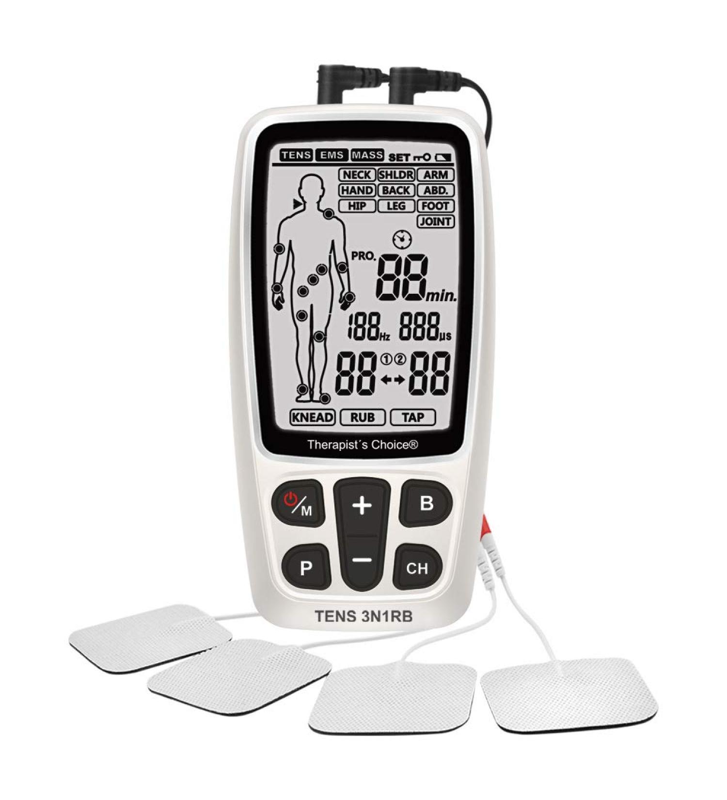 Therapist s Choice Rechargeable TENS3N1RB Combo TENS EMS Massage with Body Image Diagram Electrode Placement with Belt Clip and Display Box.