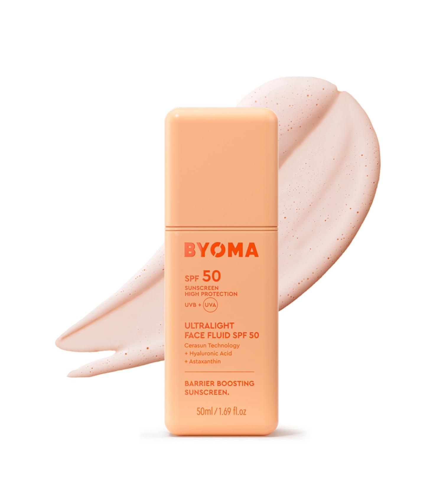 BYOMA SPF 50 Face Fluid - Ultra-Lightweight Facial Sunscreen for All Skin Tones - Luminous Glow No White Cast - SPF Moisturizer Strengthens Skin Barrier - 1.69 fl.oz - Buy Online on GoSupps.com