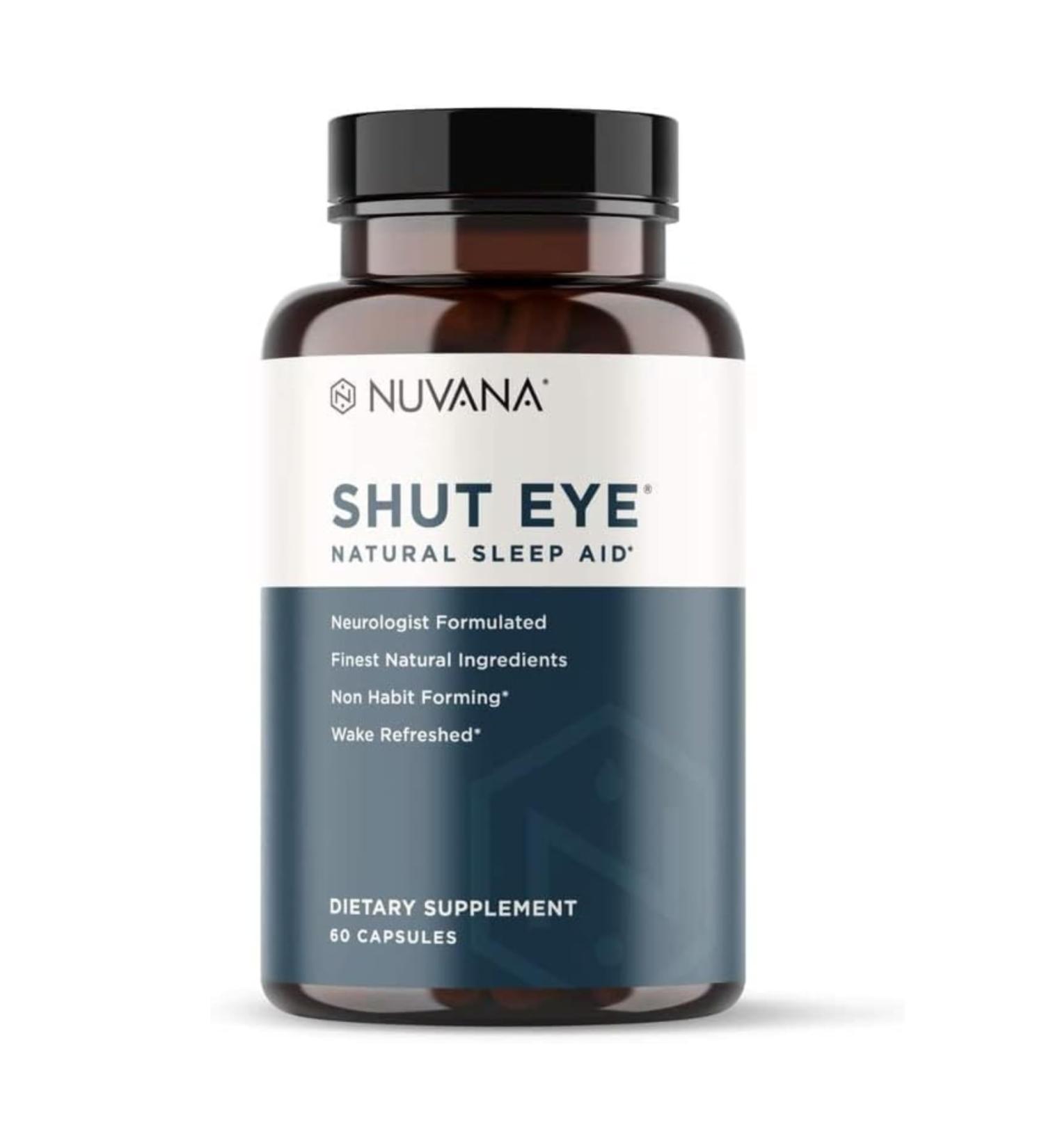 Nuvana Shut Eye Natural Sleep Aid Supplement for Adults | 5mg Melatonin | Helps Relax and Promote Natural Deep Sleep with Valerian Root Chamomile & Magnesium | Vegan & Non-GMO | 60 Capsules - Buy Online on GoSupps.com