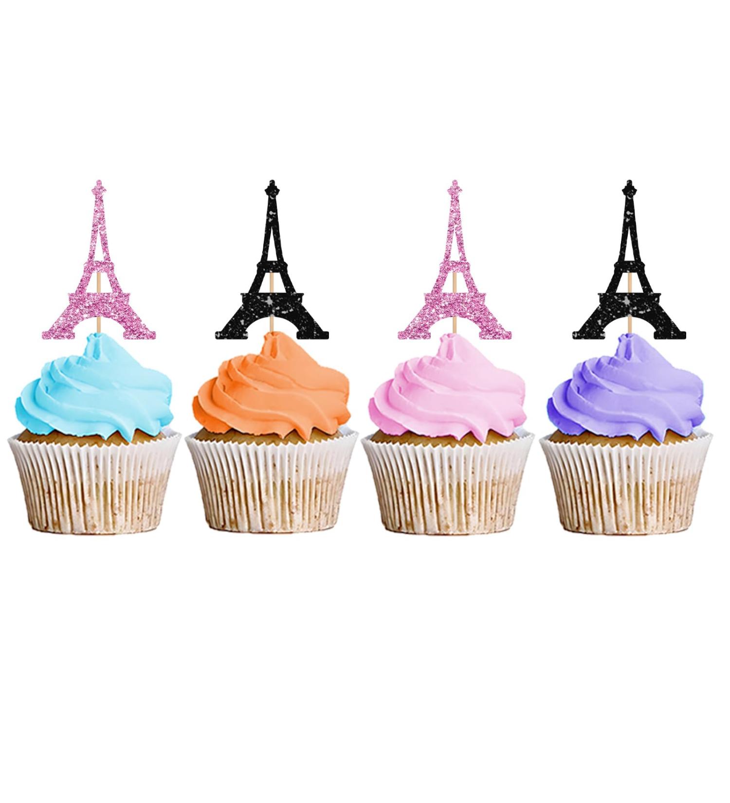 Eiffel Tower Cupcake Toppers Wedding Party Decor Bridal Shower Dessert Cupcake Toppers Paris Themed Birthday Party Decoration - Pink & Black Glitter - Buy Online on GoSupps.com