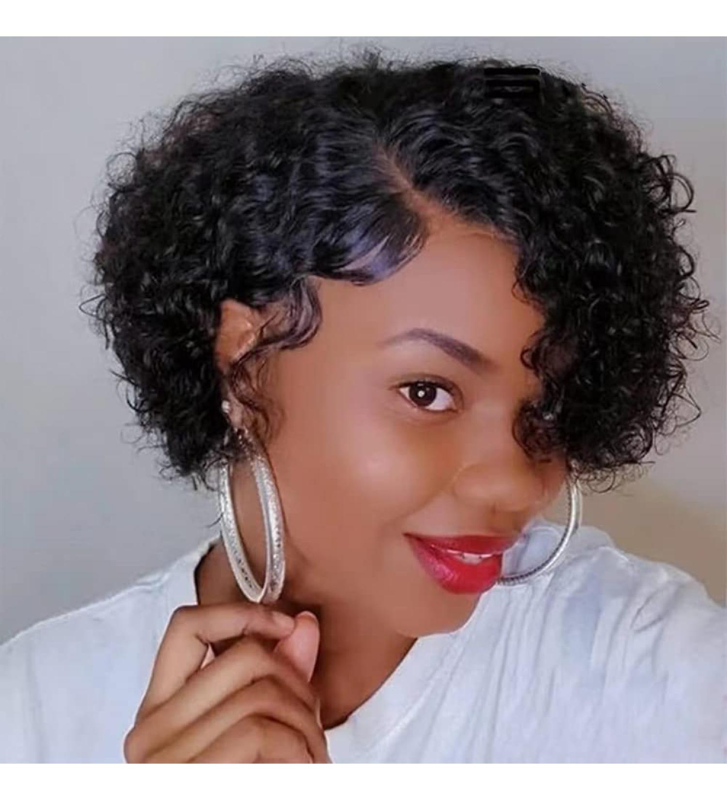 LINYANG Short Curly Human Hair Pixie Cut Wig for Black Women - Brazilian Virgin Human Hair, 150% Density, Machine Made Natural Color - Buy Online on GoSupps.com