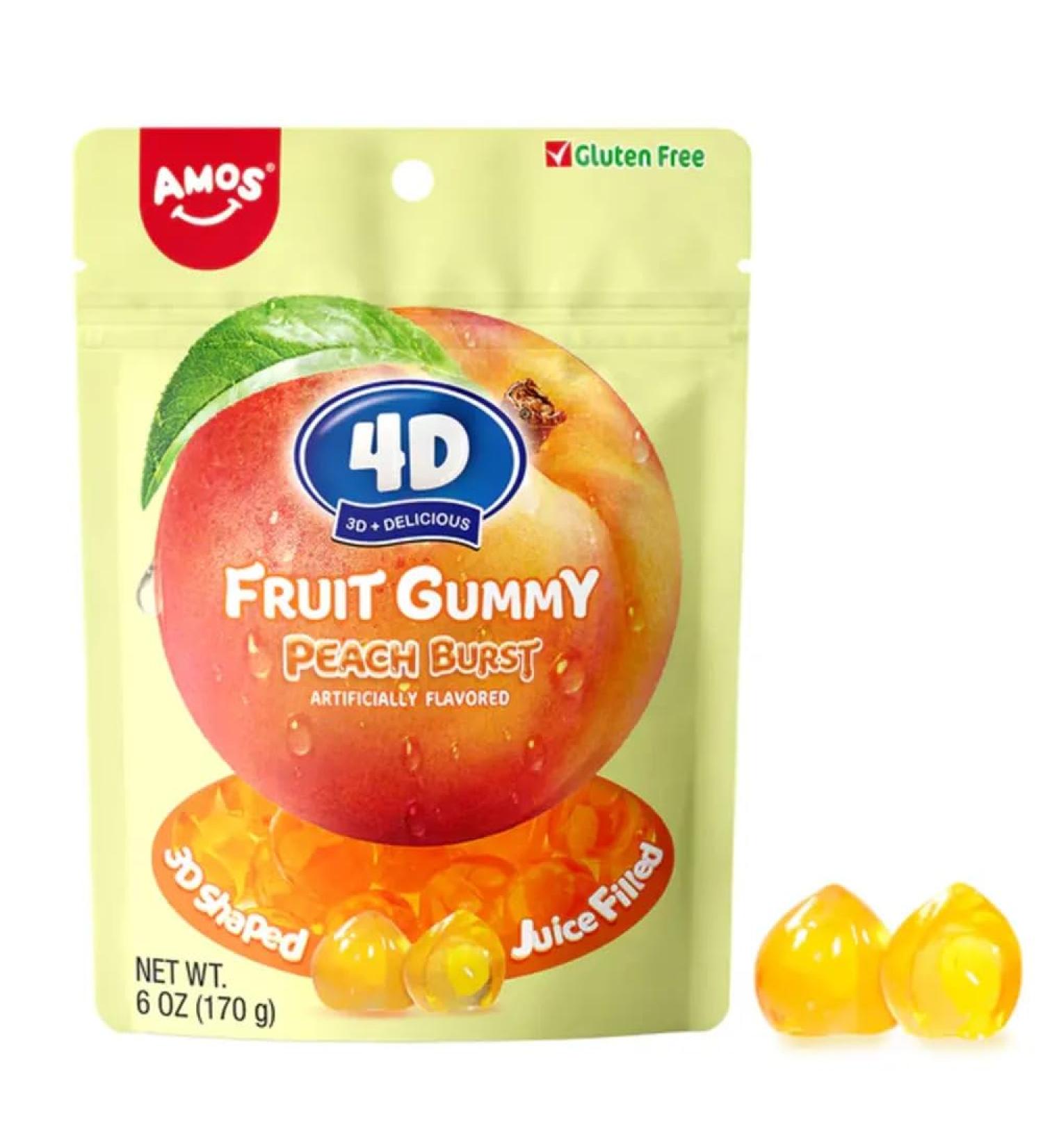 Amos 4D Gummy Candy Peach Burst Yellow Peach Flavor Gluten Free Snacks Mother's Day Candy Gift Resealable 6oz 170g Pack Double The Amount of 3 oz bags! - Buy Online on GoSupps.com