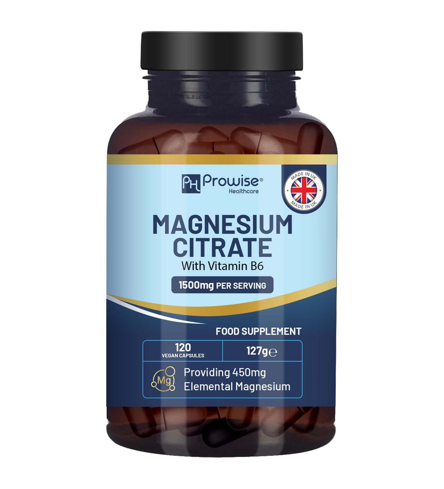 Magnesium Citrate Capsules 1500mg with Vitamin B6 | 120 Vegan Capsules | 450mg Elemental Mg | Capsule not Tablets | Made in UK by Prowise - Buy Online on GoSupps.com