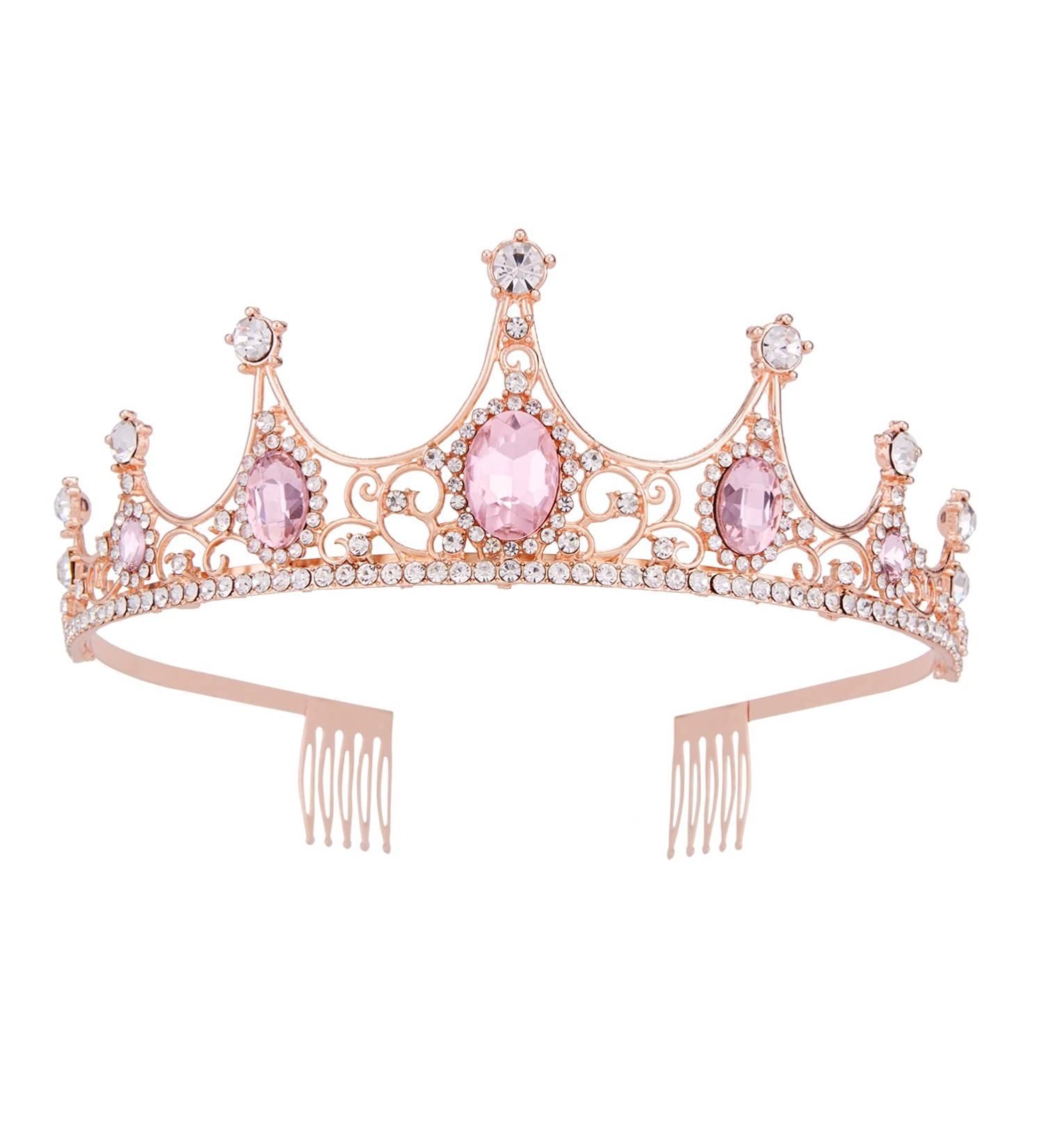 Vofler Rose Gold Tiara Crown with Pink Crystal - Vintage Rhinestone Headband for Women - Ideal for Bride, Prom, Wedding, Pageant - Rose Gold/Pink - Buy Online on GoSupps.com