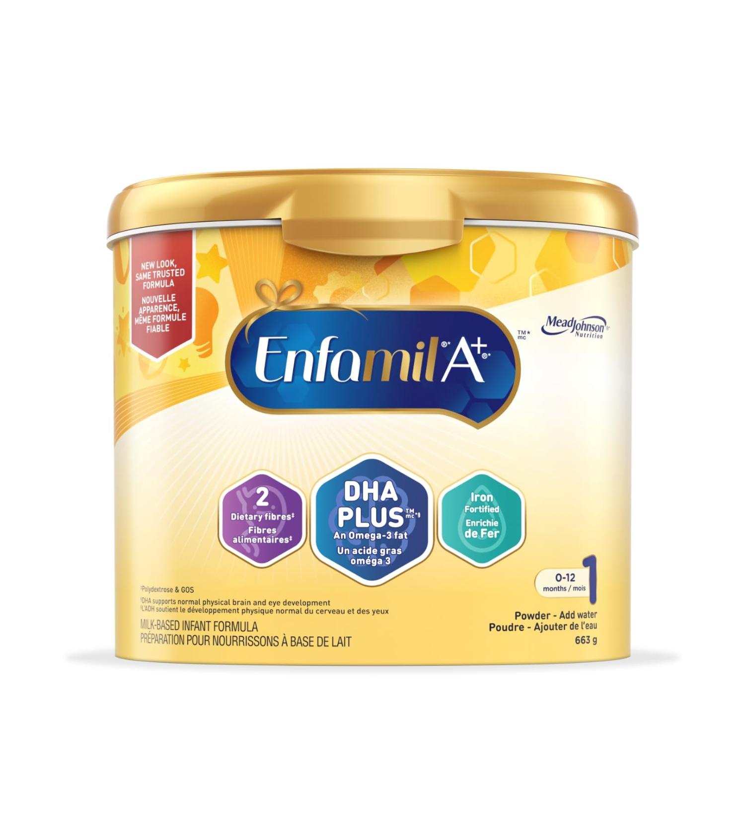 Enfamil A+ Baby Formula Powder Tub DHA (a type of Omega-3 fat) to help support brain development Age 0-12 months 663g Packaging May Vary - Buy Online on GoSupps.com