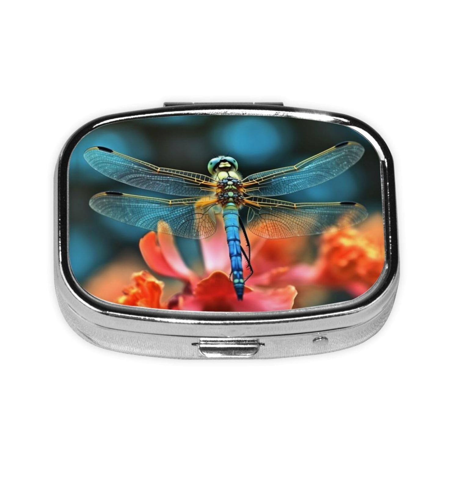 Dragonfly Flower Print Small Pill Case - Travel Pill Organizer Cute Purse Pill Box 2 Compartment Design for Travel & Gifts - Buy Online on GoSupps.com