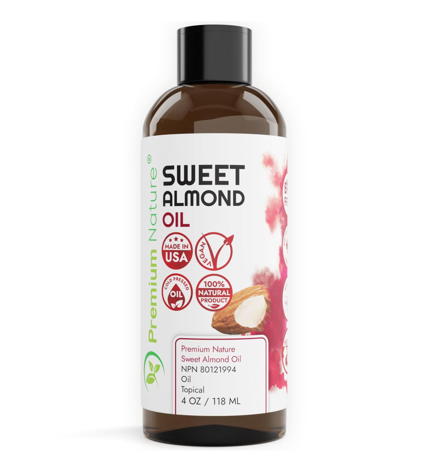 Sweet Almond Oil Carrier Oil - Cold Pressed Pure Natural Body Massage Oil Carrier Oil for Essential Oils Mixing Baby Oil Dry Skin Face Hair Moisturizer Makeup Remover 4 oz
