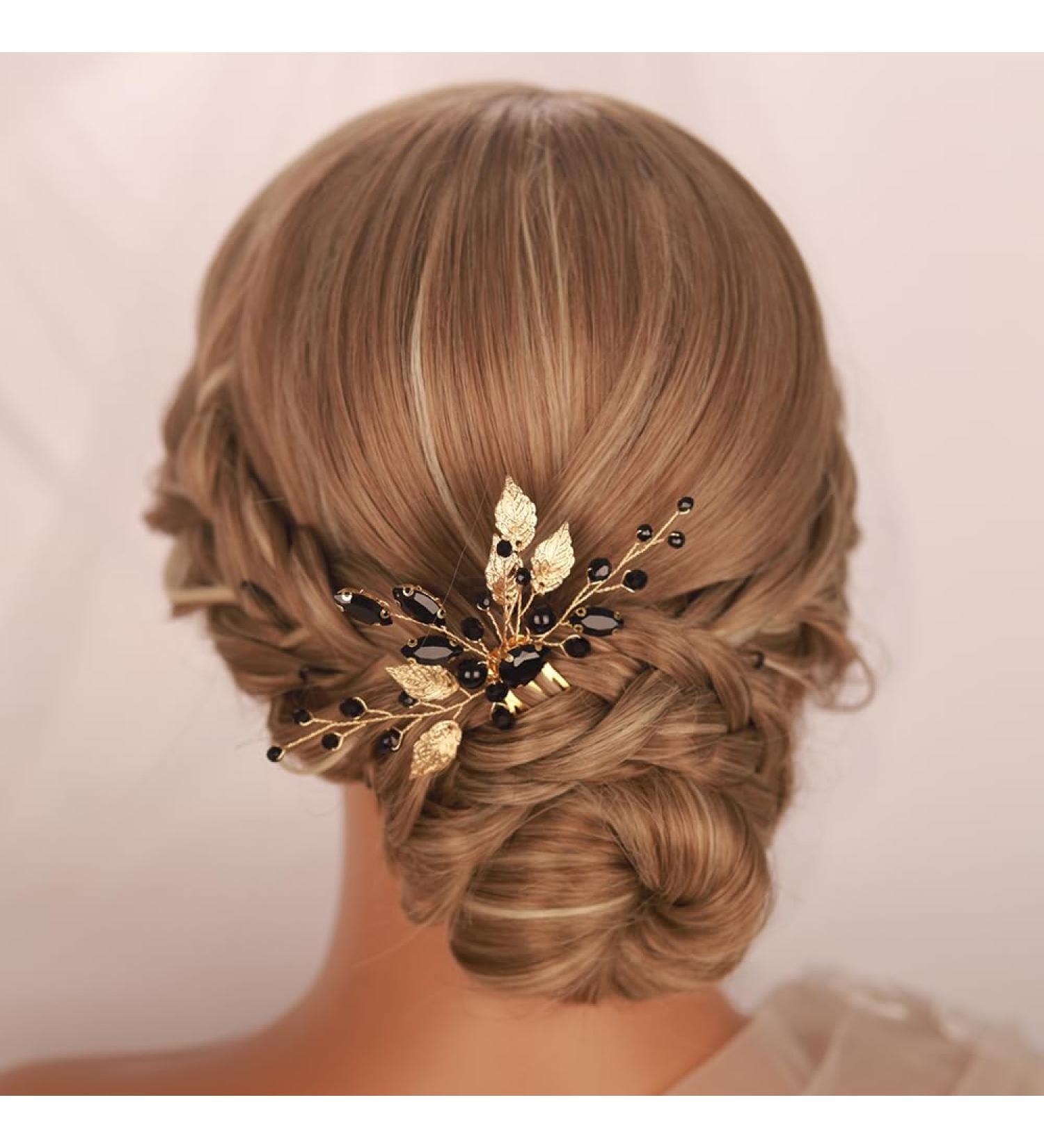 Kercisbeauty Gold Leaves with Black Beads Small Cute Hair Comb for Wedding Brides Bridesmaid Women Girls Special Occasion Handmade Jewelry - Buy Online on GoSupps.com