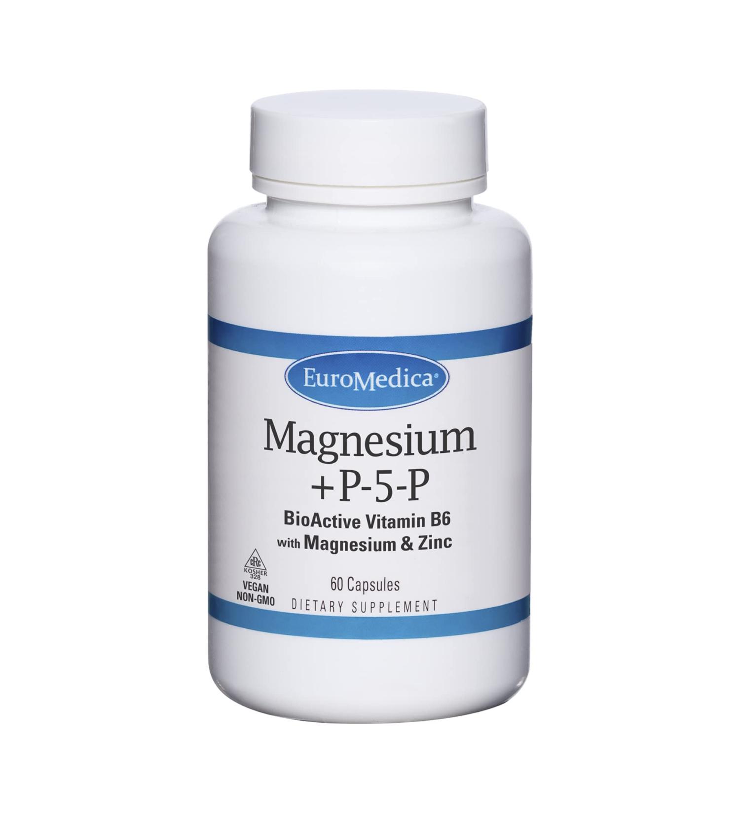 Euromedica Magnesium + P-5-P Capsules - Bio-Active Vitamin B6 with Magnesium & Zinc - Heart Health Energy Mood Support - Non-GMO Vegan Kosher - 60 Servings - Buy Online on GoSupps.com