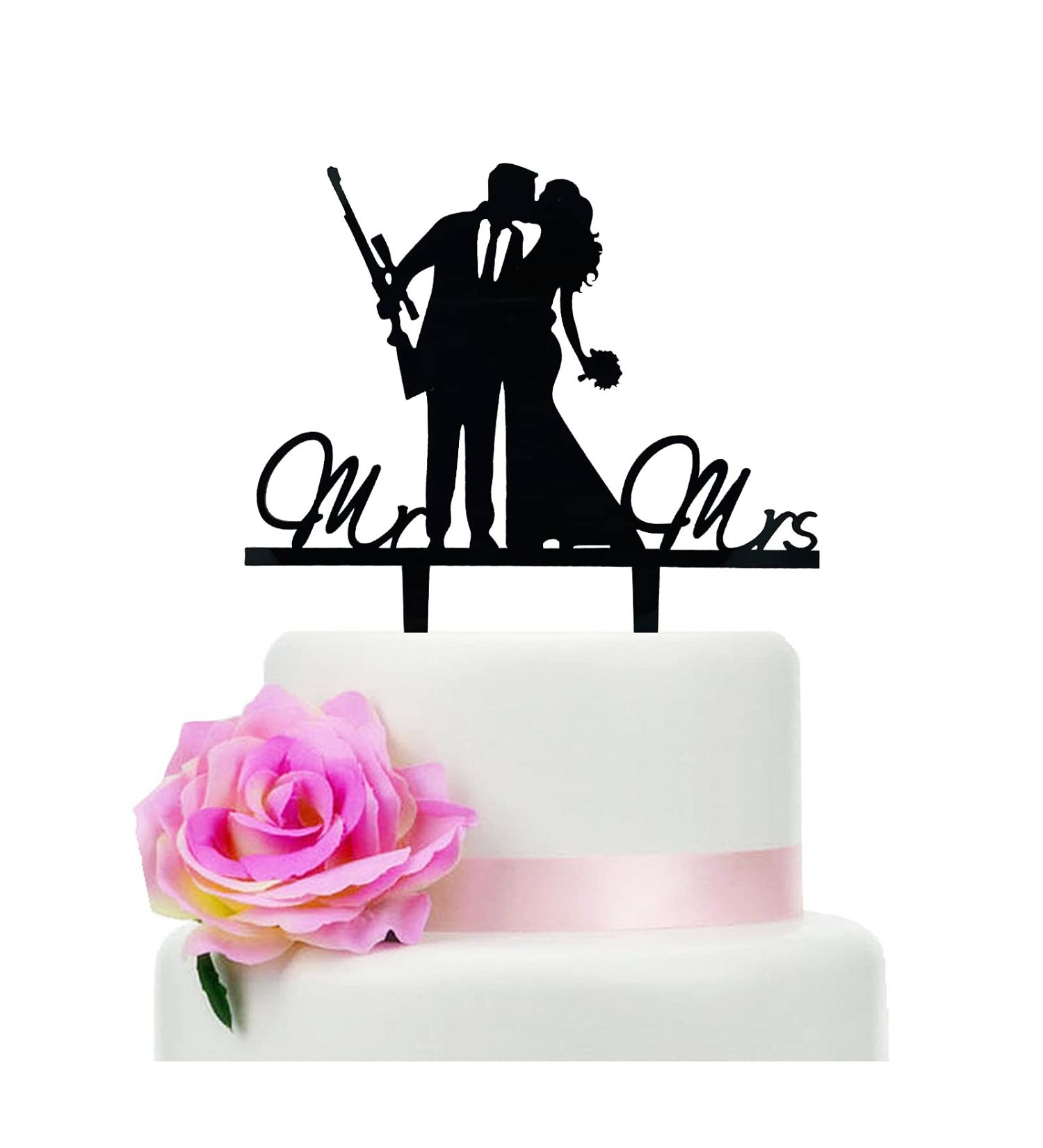 Mr and Mrs Wedding Cake Topper - Groom & Bride With Heavy Gun and Holding Flowers - Funny Gun Theme Wedding/Anniversary/Bridal Shower Cake Topper Funny Wedding Cake Topper (Heavy Gun) - Buy Online on GoSupps.com