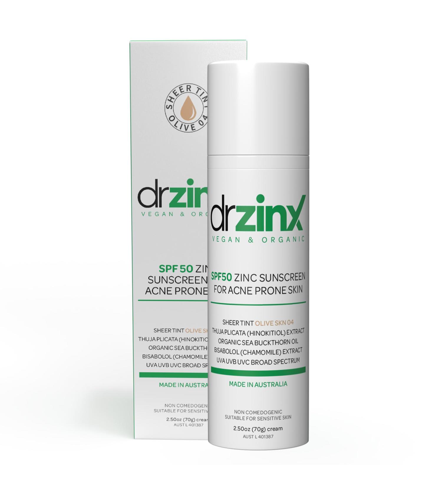 Dr ZinX Organic Mineral Sunscreen SPF50 for Acne Prone Skin - Olive Tint with Zinc & Hinokitiol - Buy Online on GoSupps.com