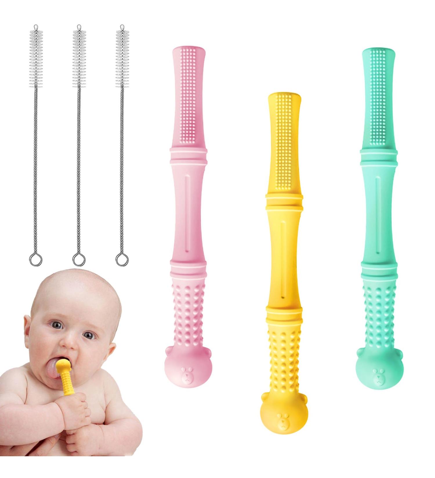 Nicein 3PCs Silicone Bite Tube Teething Aid for Babies | BPA-Free Chewing Toy & Cleaning Brushes | Sensory Molar Ring for 6-12 Months - Buy Online on GoSupps.com