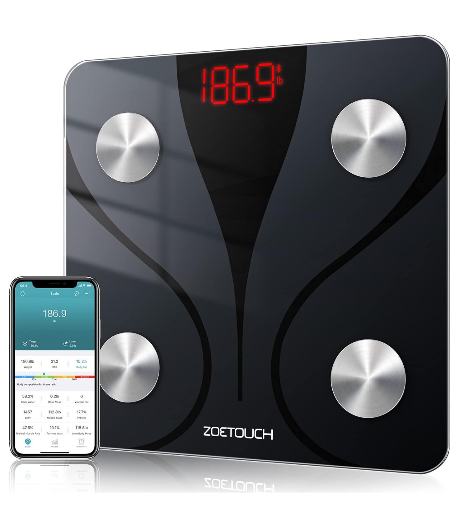 ZOETOUCH Smart Digital Bathroom Scale for Body Weight and Fat Accurate Weighing Machine Wireless Body Composition Analyzer for BMI Water BMR Muscle Sync with Bluetooth App 400lbs Black 400 lbs Black - Buy Online on GoSupps.com