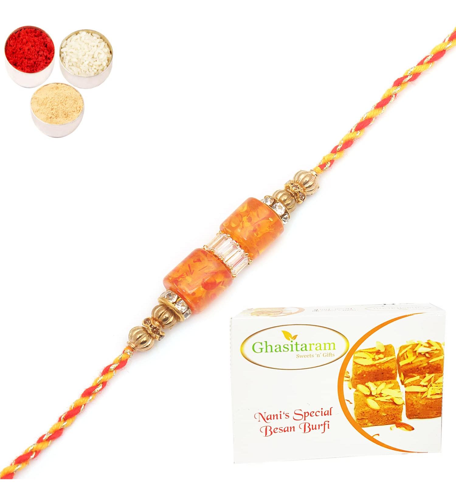 Ghasitaram Gifts Rakhi for Brother Rakhis Online - RM598 - Orange Stone Bracelet Rakhi with 200 GMS of Besan Barfi Rakhi Set with 200 gms of Besan Barfi - Buy Online on GoSupps.com