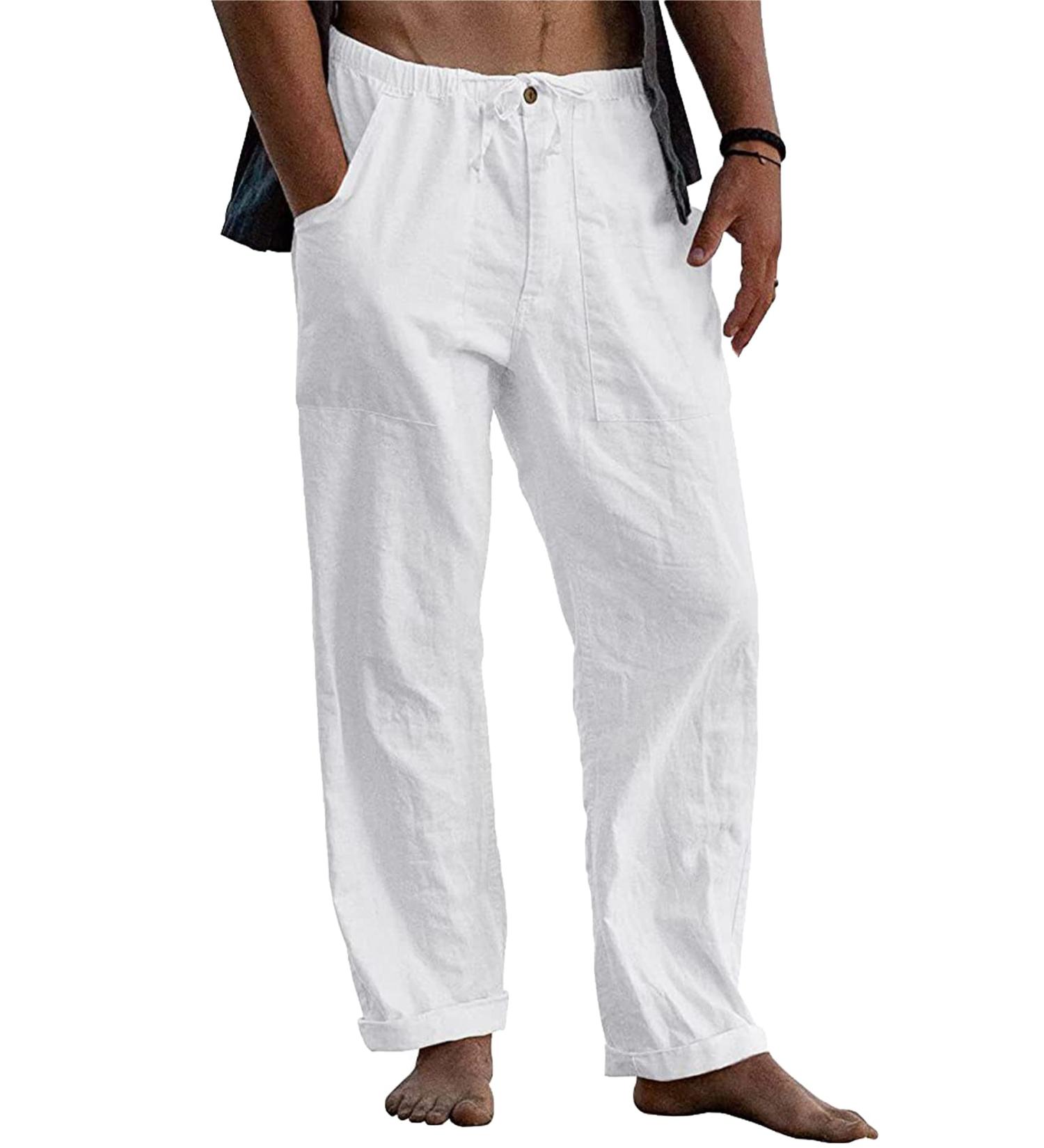 Men's Casual Linen Pants - Elastic Waist Drawstring Cotton Trousers | White XL - Buy Online on GoSupps.com