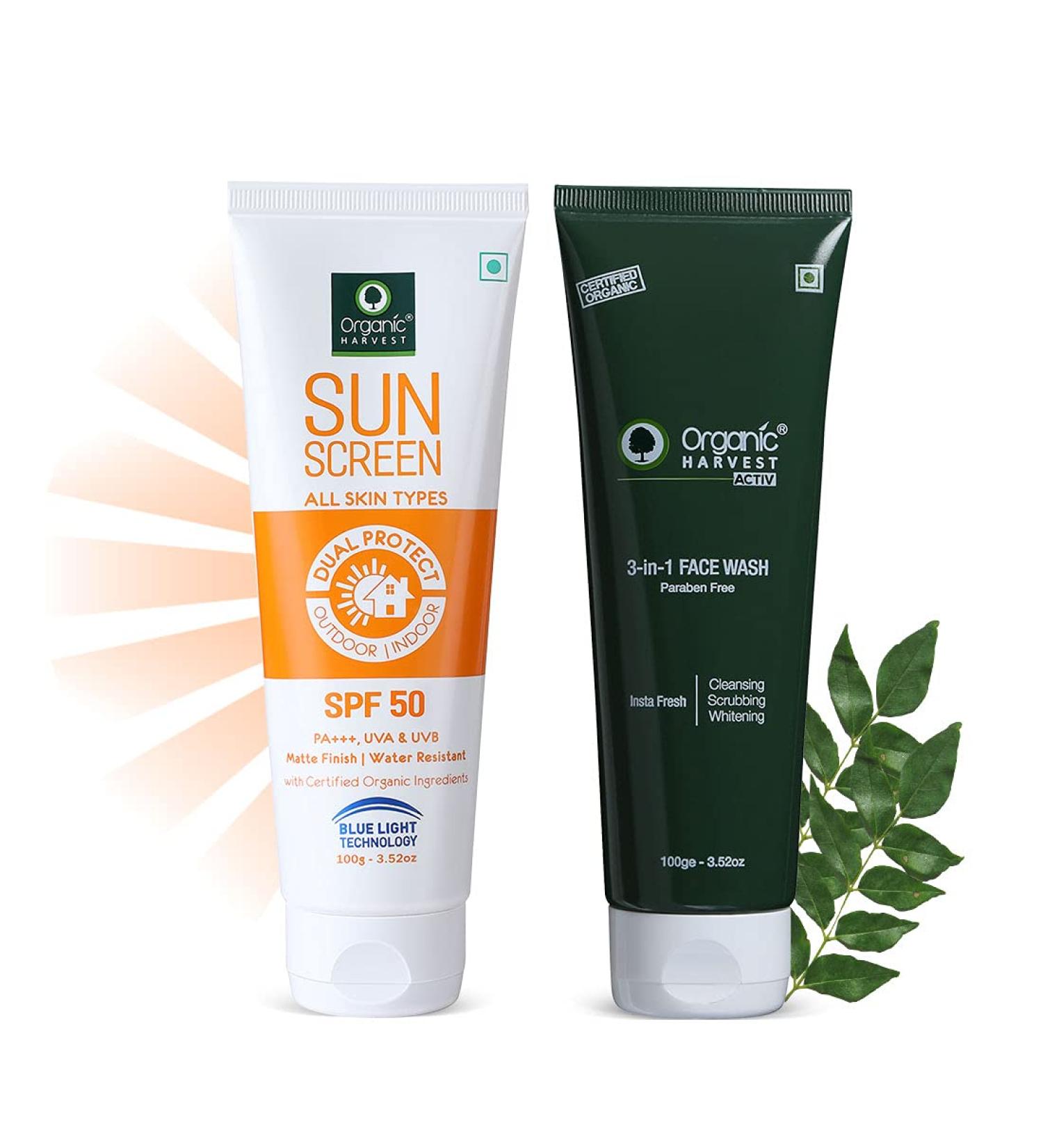 3-in-1 Organic Face Wash & Sunscreen SPF 50 Combo for All Skin Types - Paraben & Sulphate Free | 100% Natural 100gm Each - Buy Online on GoSupps.com