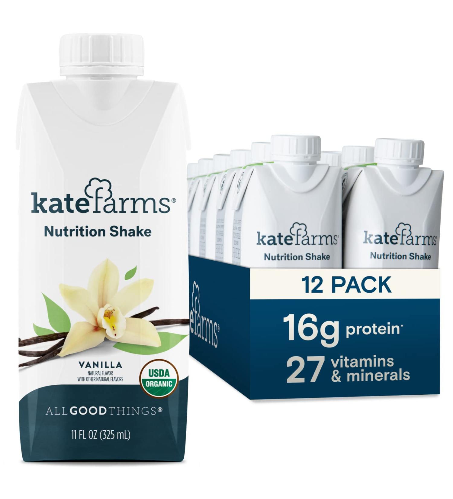 KATE FARMS Organic Vegan Vanilla Nutrition Shake | 16g Protein | 27 Vitamins | Meal Replacement | Gluten Free | Non-GMO | 11oz (Pack of 12) - Buy Online on GoSupps.com
