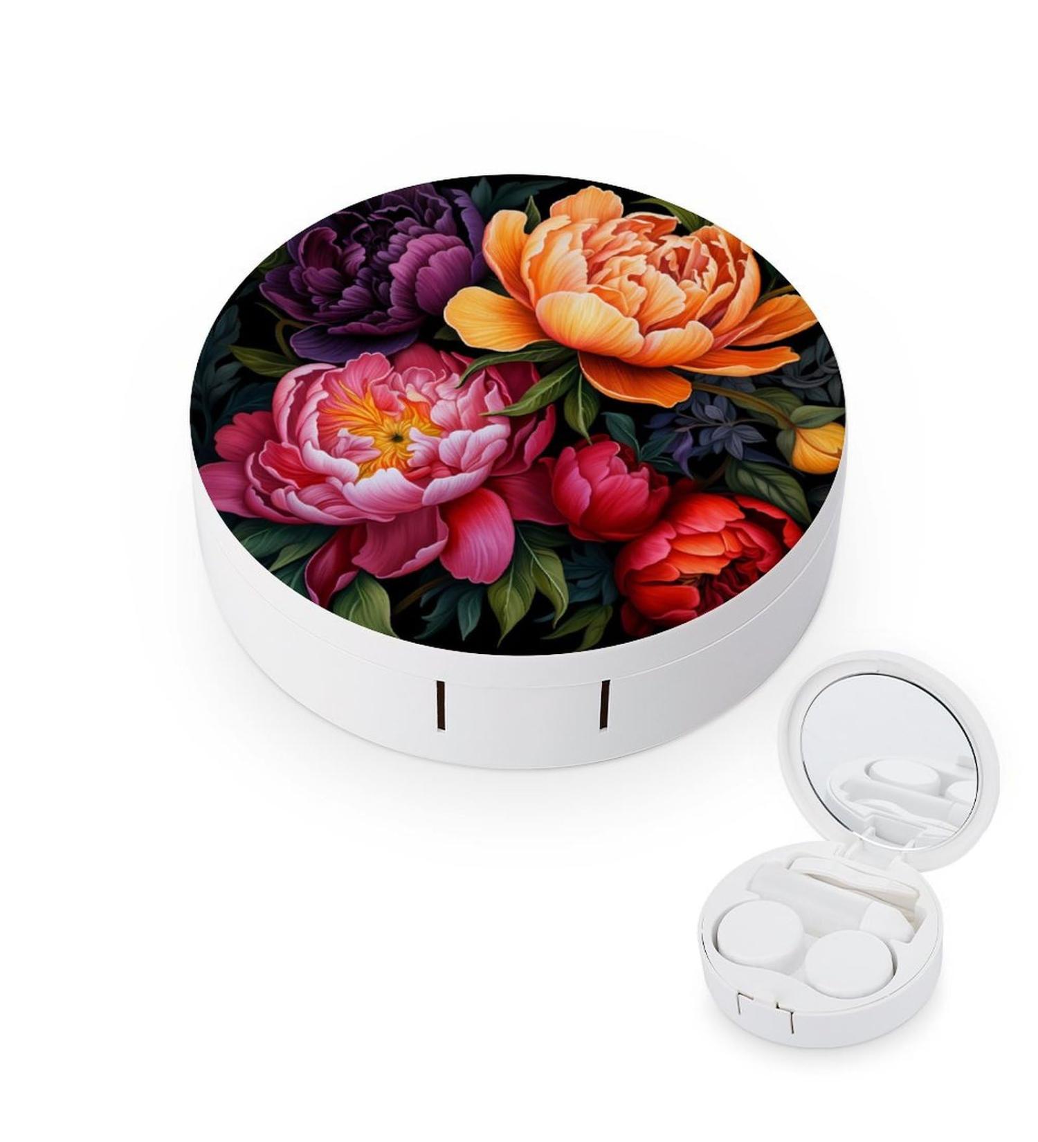 Colorful Peony Flowers Contact Lens Case with Mirror - Portable & Cute Eye Travel Kit - Buy Online on GoSupps.com