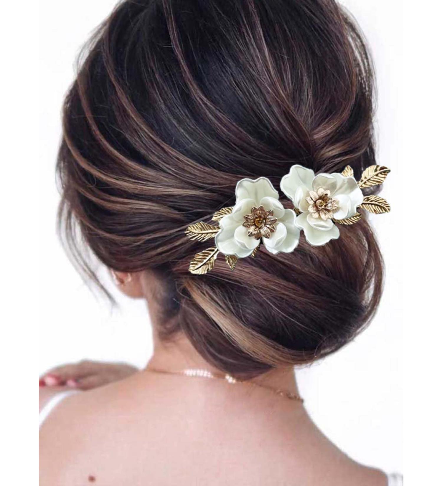 Resweky Bride Wedding Flower Hair Comb Gold Leaf Bridal Hair Pieces Floral Hair Side Comb Bride Hair Accessories for Women and Girls - Buy Online on GoSupps.com