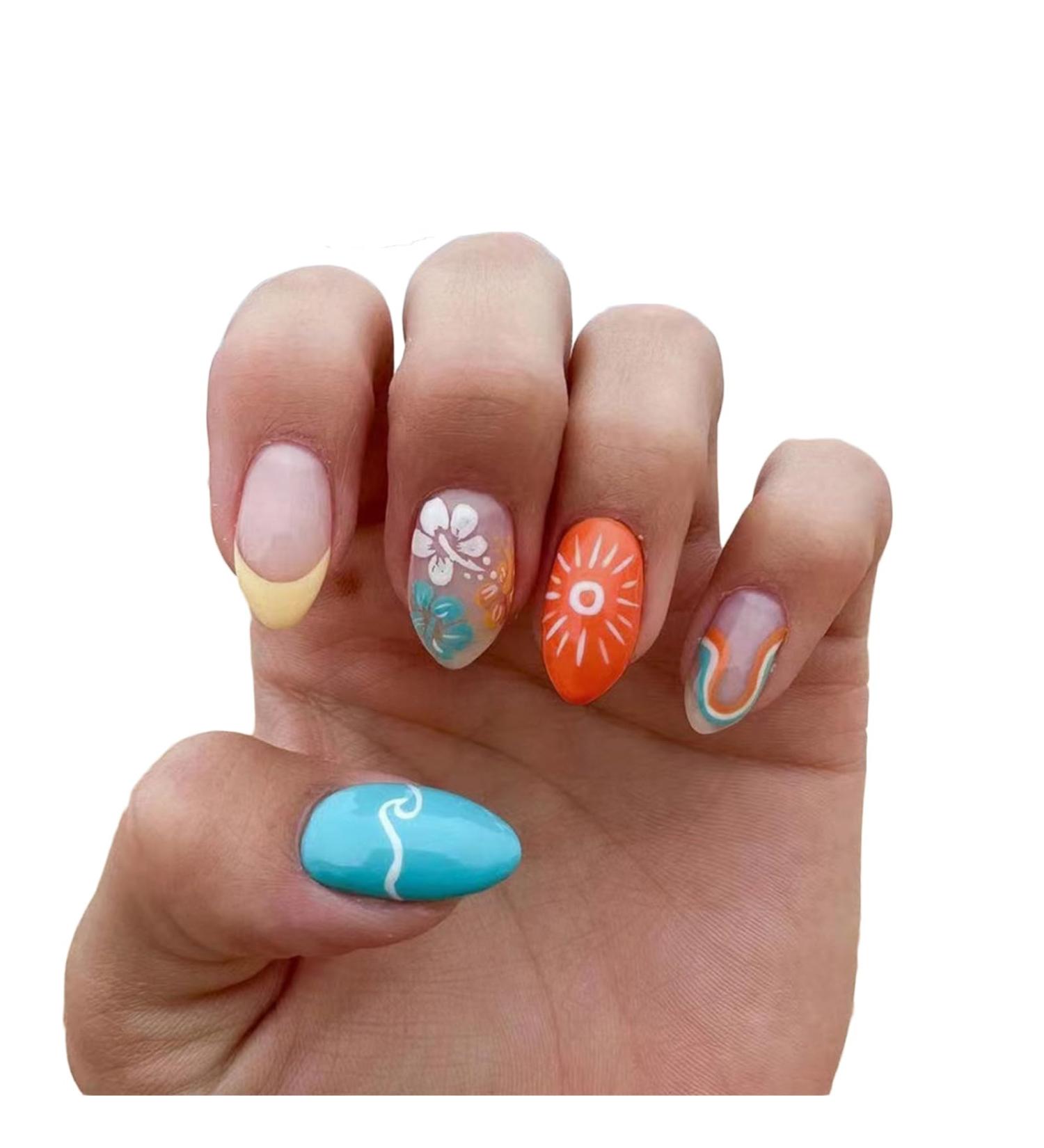 Buy 24Pcs Summer Sun Press On Nails - French Tips Medium Almond Acrylic Fake Nails with Waves Design for Women & Girls | Glossy Colorful Curve Line Manicure Art - Buy Online on GoSupps.com