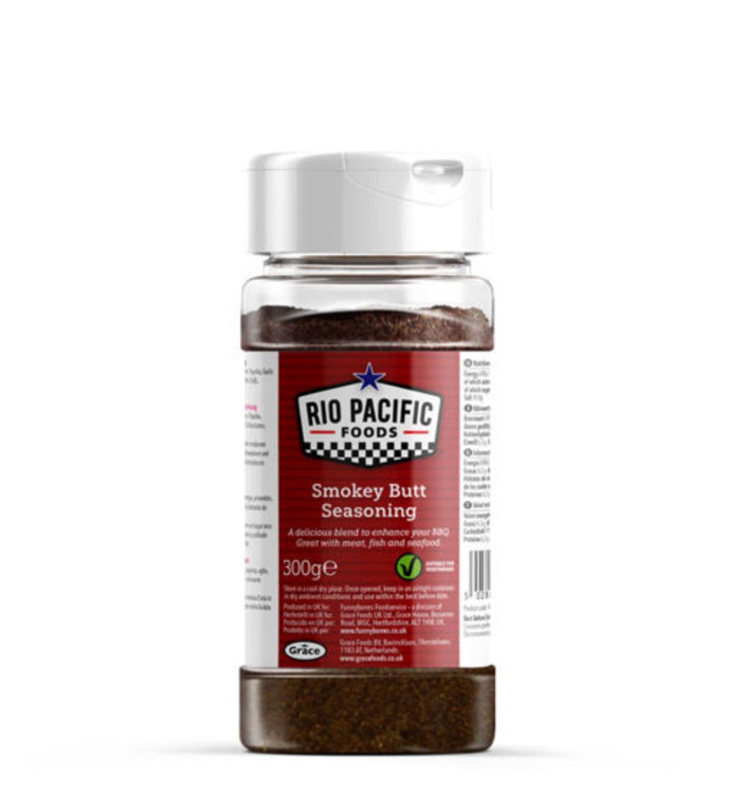 Rio Pacific Foods Smokey Butt Seasoning 300g blend of spices and chillies with black and off white flecks for meats to use as a flavour enhancer for grilling roasting or barbecues.