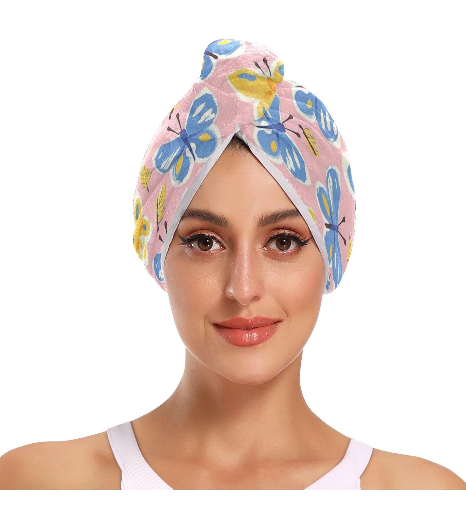 Blue Yellow Butterflies Hair Towel 2 Pack - Super Absorbent Quick Dry Hair Turbans for Women & Girls - Buy Online on GoSupps.com