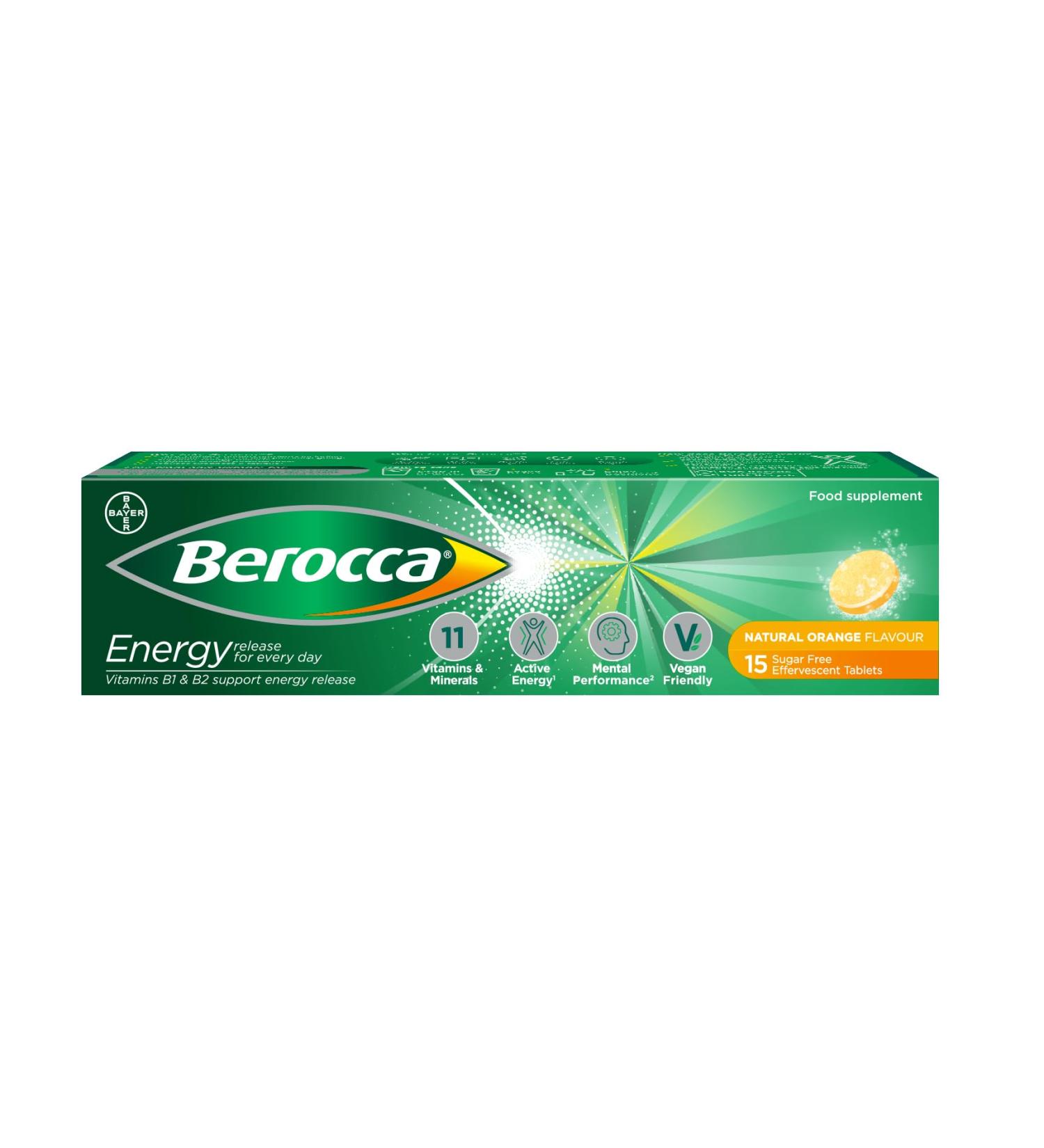 Berocca Vitamin C Effervescent Tablets with Magnesium Vitamin B12 and Vitamin B Complex (B1 B2 B3 B5 B6 B7 B9 and B12) Orange Flavour Tablets 15 Tablets - Buy Online on GoSupps.com