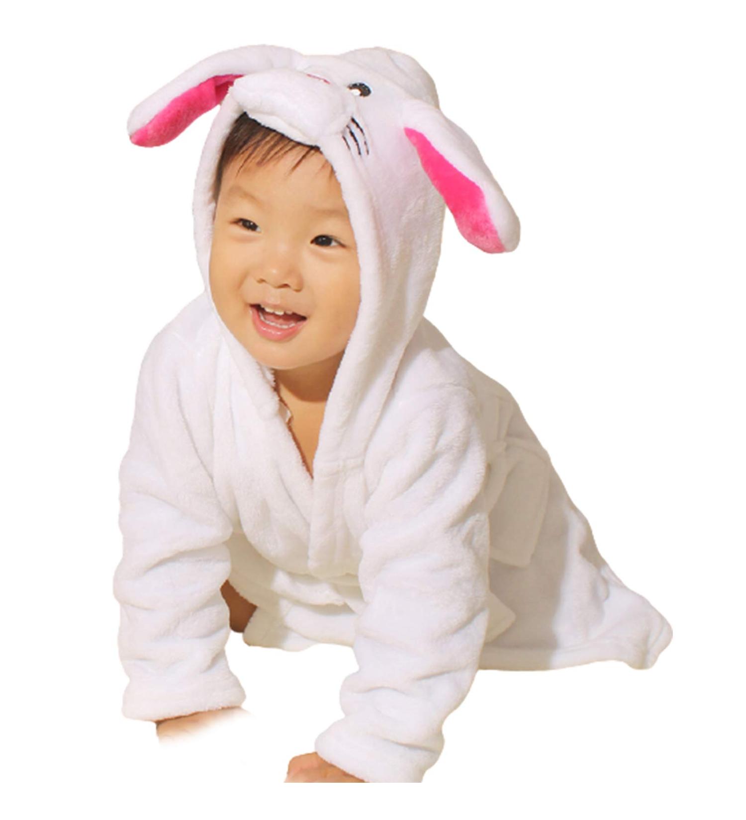 Baby boys & girls unisex bathrobe 0-24 months soft plush flannel fleece hooded bathrobe plush animal face bathrobe for babies toddlers newborn 18-24 months white rabbit