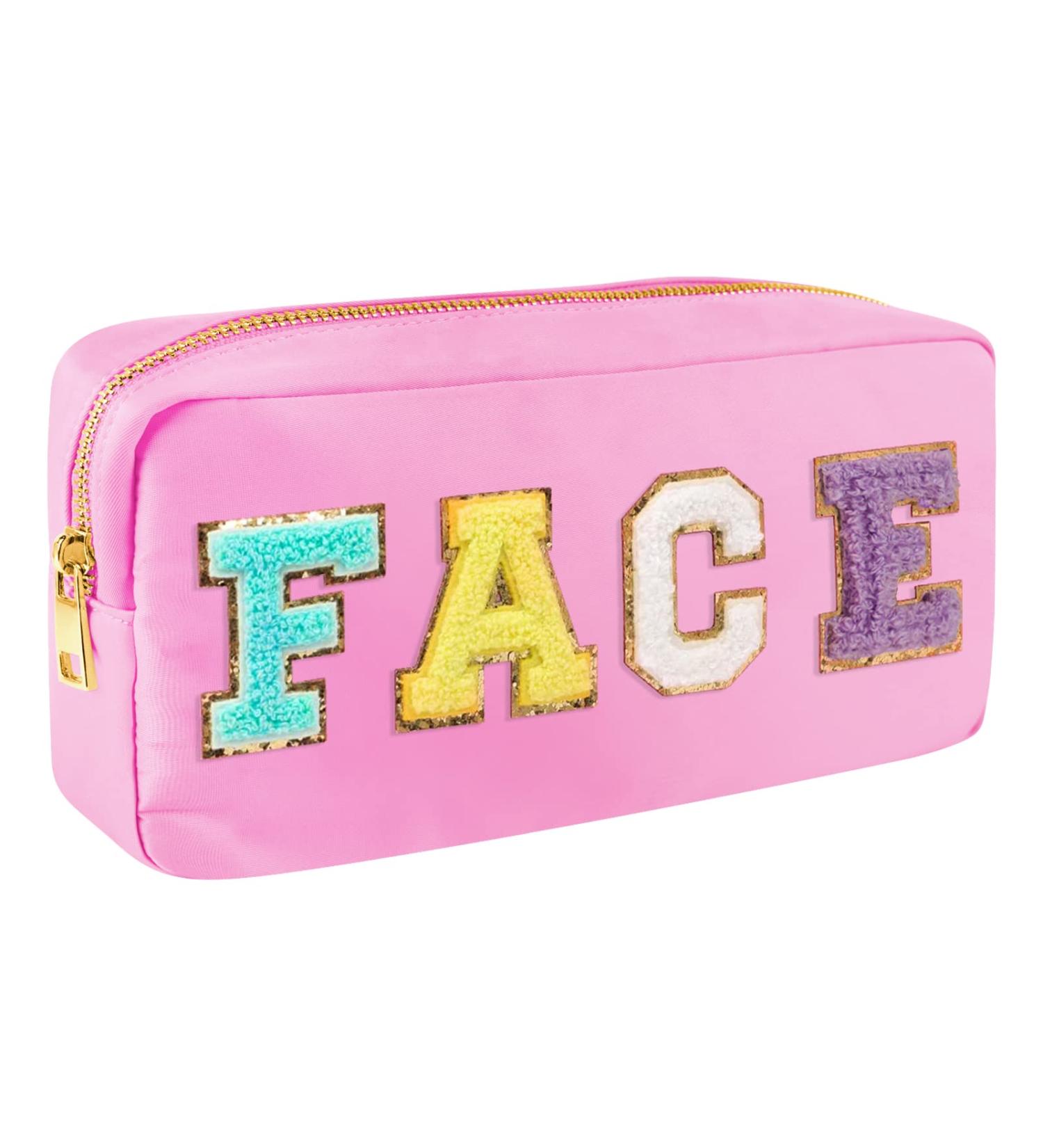 Nylon Waterproof Preppy Makeup Bag - Girls Chenille Letter Travel Organizer Pouch for Toiletries & Cosmetics, Pink-Face - Buy Online on GoSupps.com