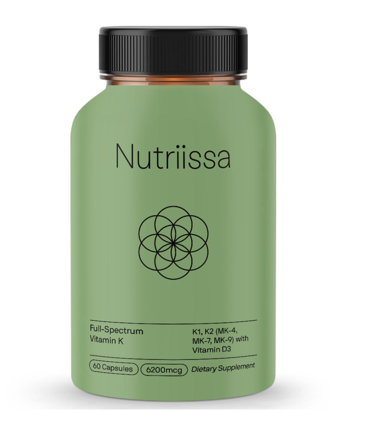 Nutriissa Full-Spectrum Vitamin K 6200 mcg K1 K2 (MK-4 MK-7 MK-9) with Vitamin D3 Bone & Heart Health EPEB Certified for Purity & Potency 60 Capsules - Buy Online on GoSupps.com