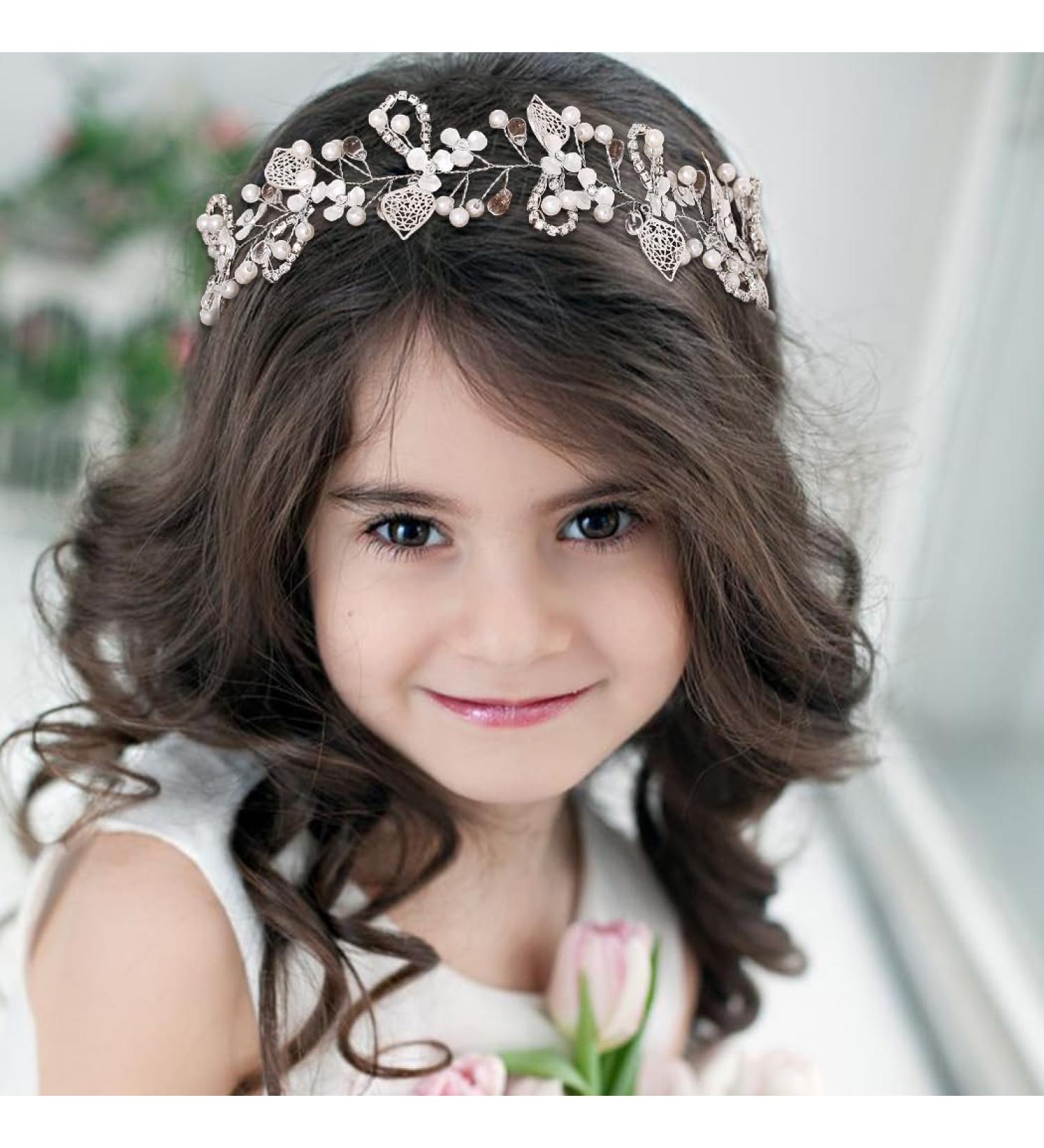 IYOU Princess Crystal Headpiece Silver Flower Wedding Headband Pearl Holy Communion Hair Accessories for Flower Girl Bride Bridesmaid - Buy Online on GoSupps.com