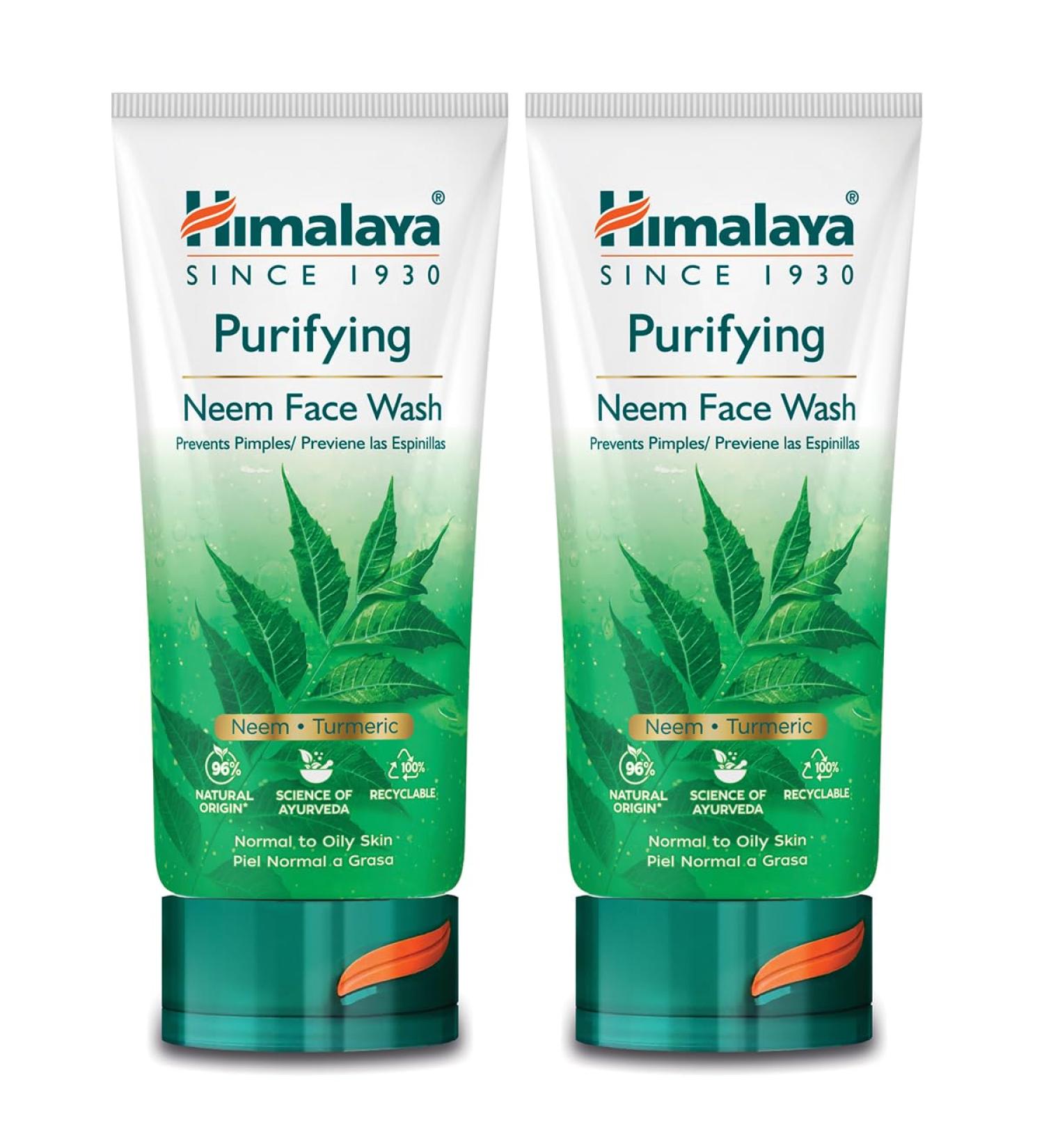 Himalaya Purifying Neem Face Wash with Neem & Turmeric Fights Pimples & Prevents Marks Soap-Free Formulation For Normal to Oily Skin Formulated with 100% Herbal Ingredients -150ml (Pack of 2) Lot de 2 nettoyants pour le visage Neem - Buy Online on GoSupps.com