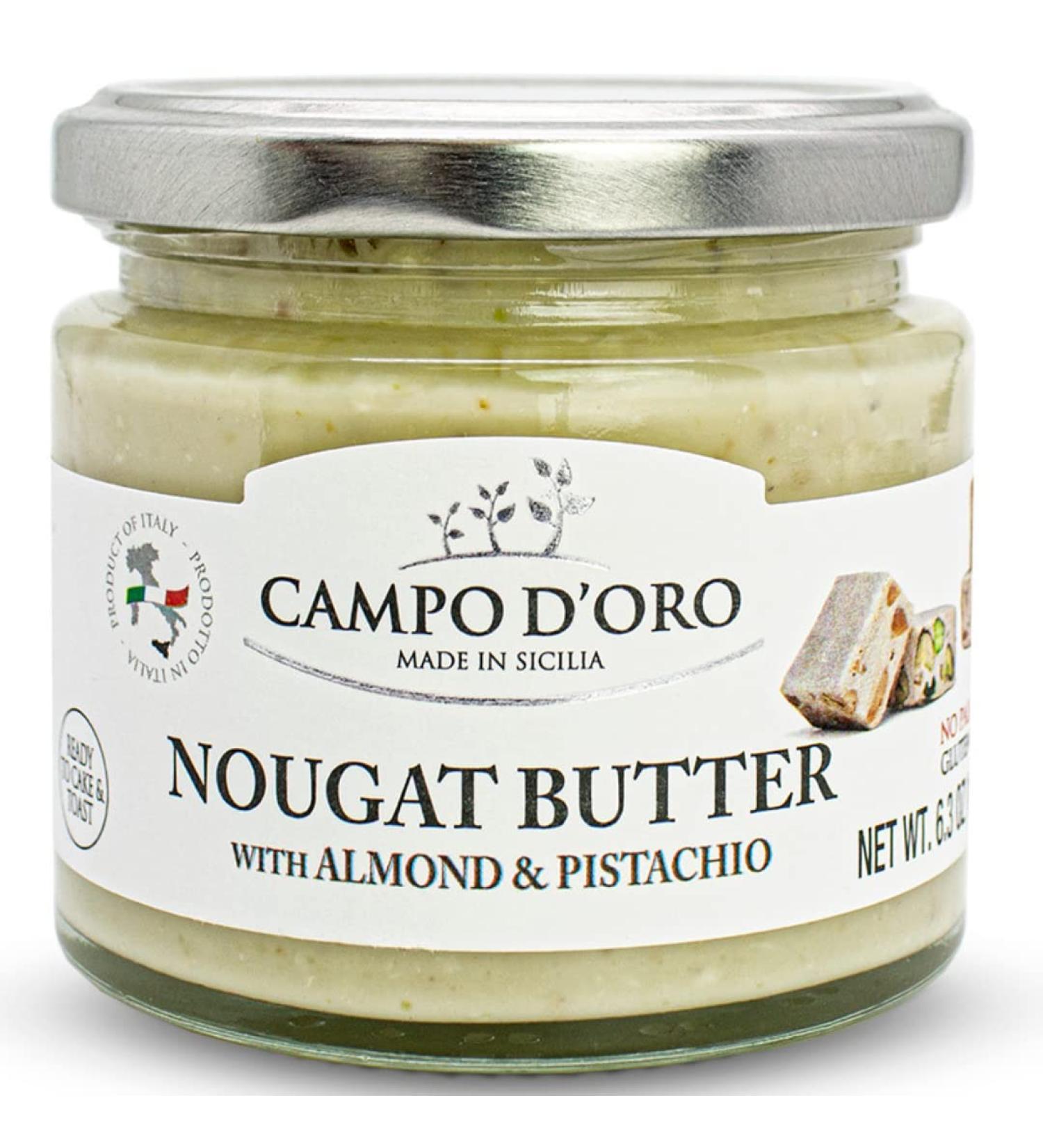 Pistachio and Almond Nougat Butter Spreadable Pistachio and Almond Torrone Cream Crema di Torroncino (6.35oz - 180 g). Product of Italy made in Sicily. NON-GMO Gluten Free Palm Oil Free Campo D'Oro