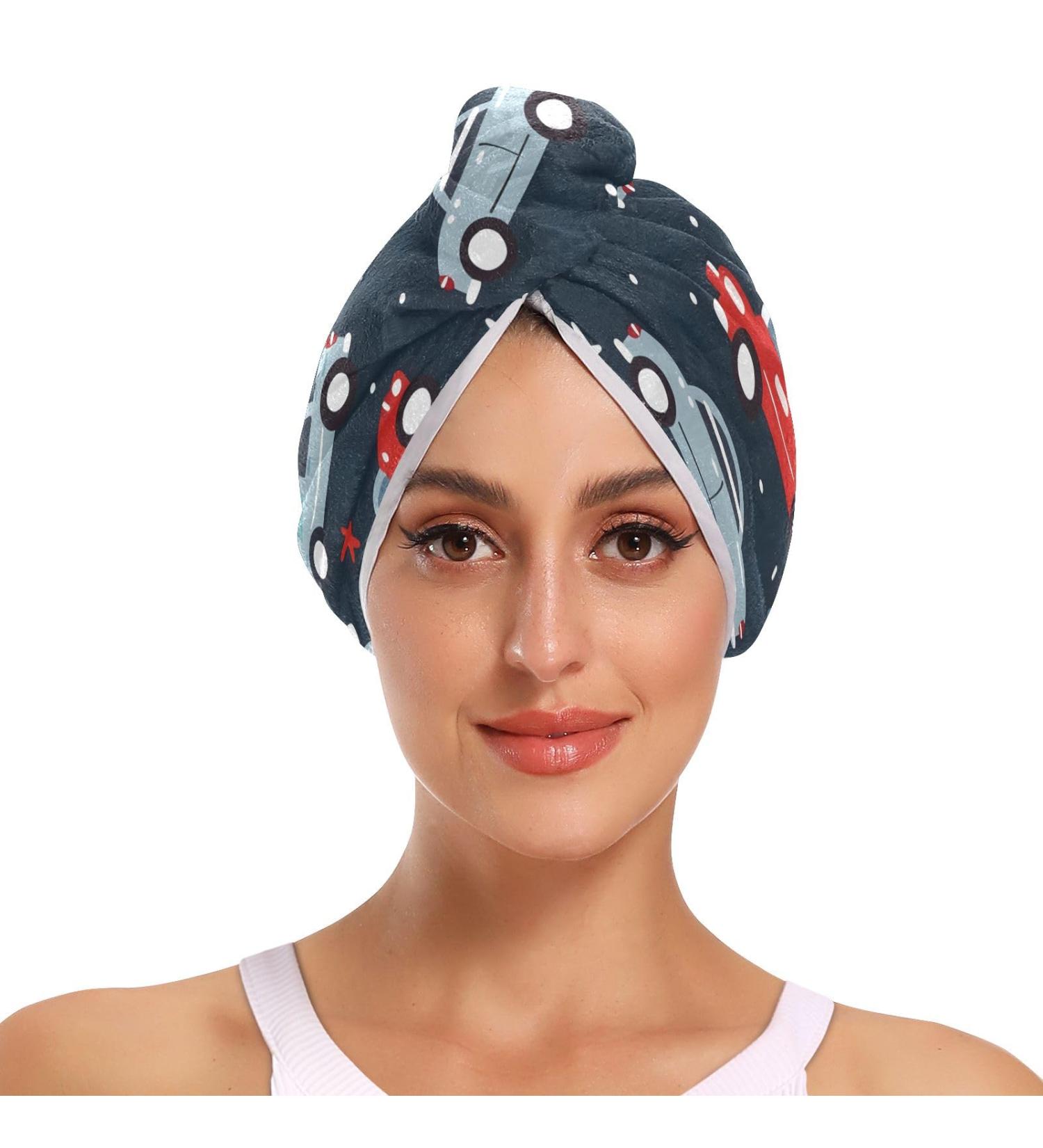 Colorful Cars Dark Blue Hair Towel 2 Pack | Super Absorbent Quick Dry Hair Turbans for Women & Girls - Buy Online on GoSupps.com