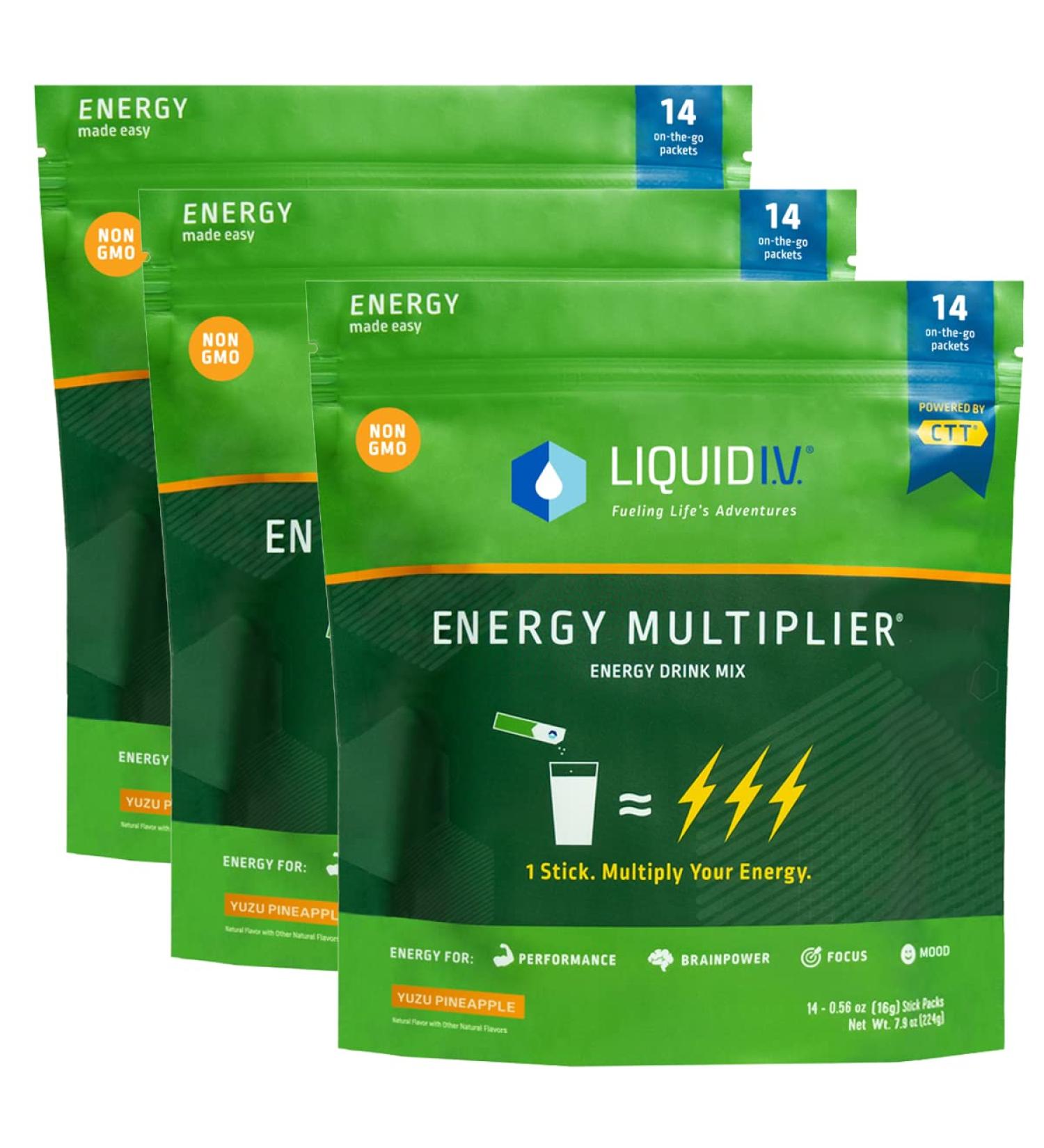 Liquid I.V. Yuzu Pineapple Energy Multiplier | Natural Caffeine | 42 Sticks (Pack of 3) - Buy Online on GoSupps.com