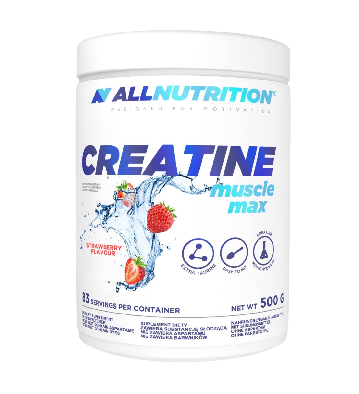 All-Nutrition Creatine Muscle Max - 500g Sugar-Free Creatine Monohydrate with Taurine for Enhanced Performance & Muscle Growth - Strawberry Flavor - Buy Online on GoSupps.com