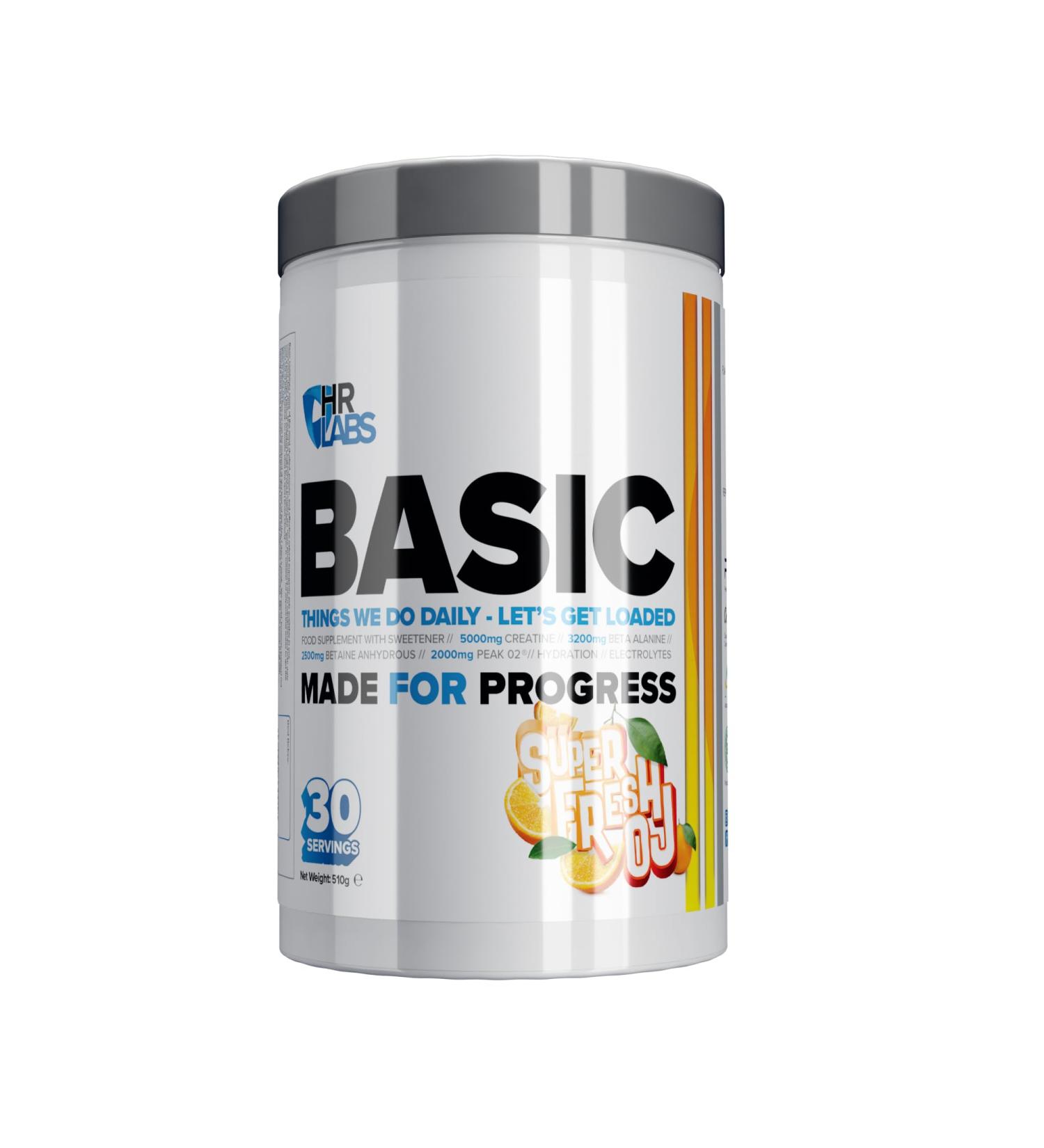 HR Labs Basic Things we do Daily Creatine and Electrolytes Pre/Intra Workout Beta Alanine & Betain Hydrous Hydration Formula 510g & 30 Servings Vegan (Super Fresh OJ) - Buy Online on GoSupps.com
