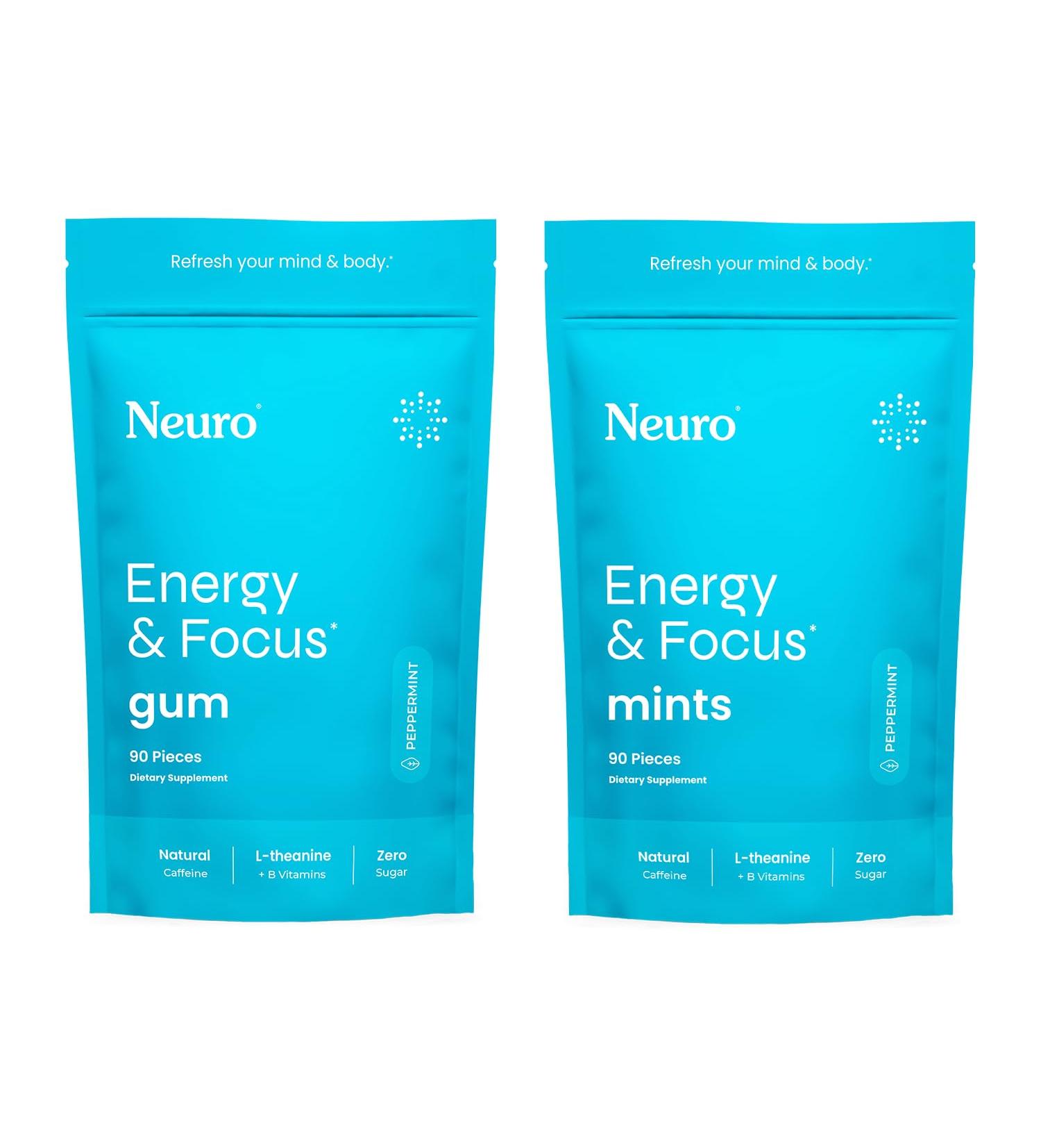 Neuro Energy & Focus Bundle - Peppermint Nootropic Gum (90ct) + Mints (90ct) Natural Caffeine L-Theanine B12 + B6 Sugar-Free Brain Support for Clarity & Energy - Buy Online on GoSupps.com