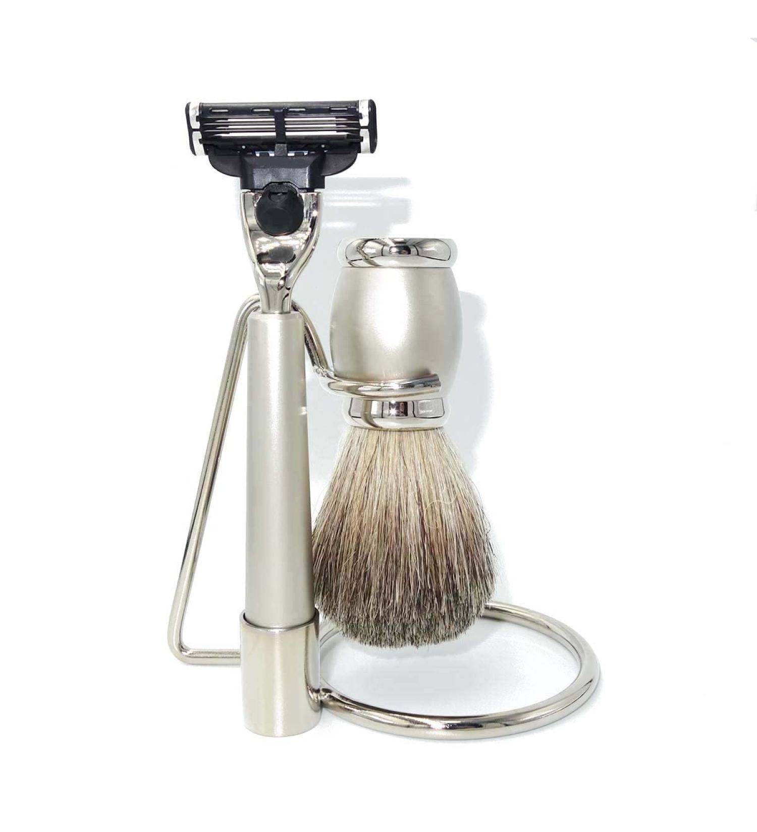 NSNT Exquisit Men's Shaving Brush Set - 3-Layer Razor Holder Pure Roof Hair Travel Size 11x13.5cm - Premium Quality Grooming Accessories - Buy Online on GoSupps.com