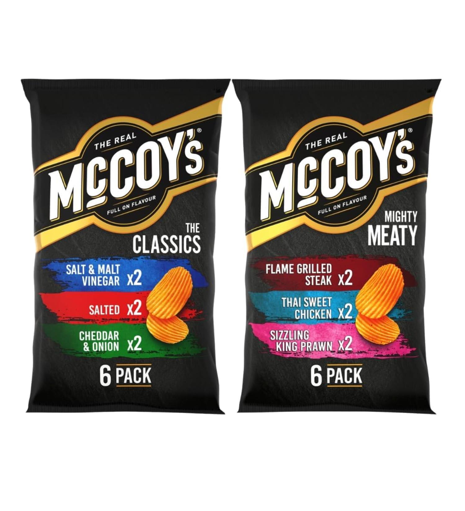 Multipack Crisps Bundle Consisting of McCoys's Classic Salt & Vinegar Salted Cheddar & Onion and Might Meaty Flame Grilled Steak Thai Sweet Chicken Sizzling Prawn 6 x 25g (2 Pack) - Buy Online on GoSupps.com